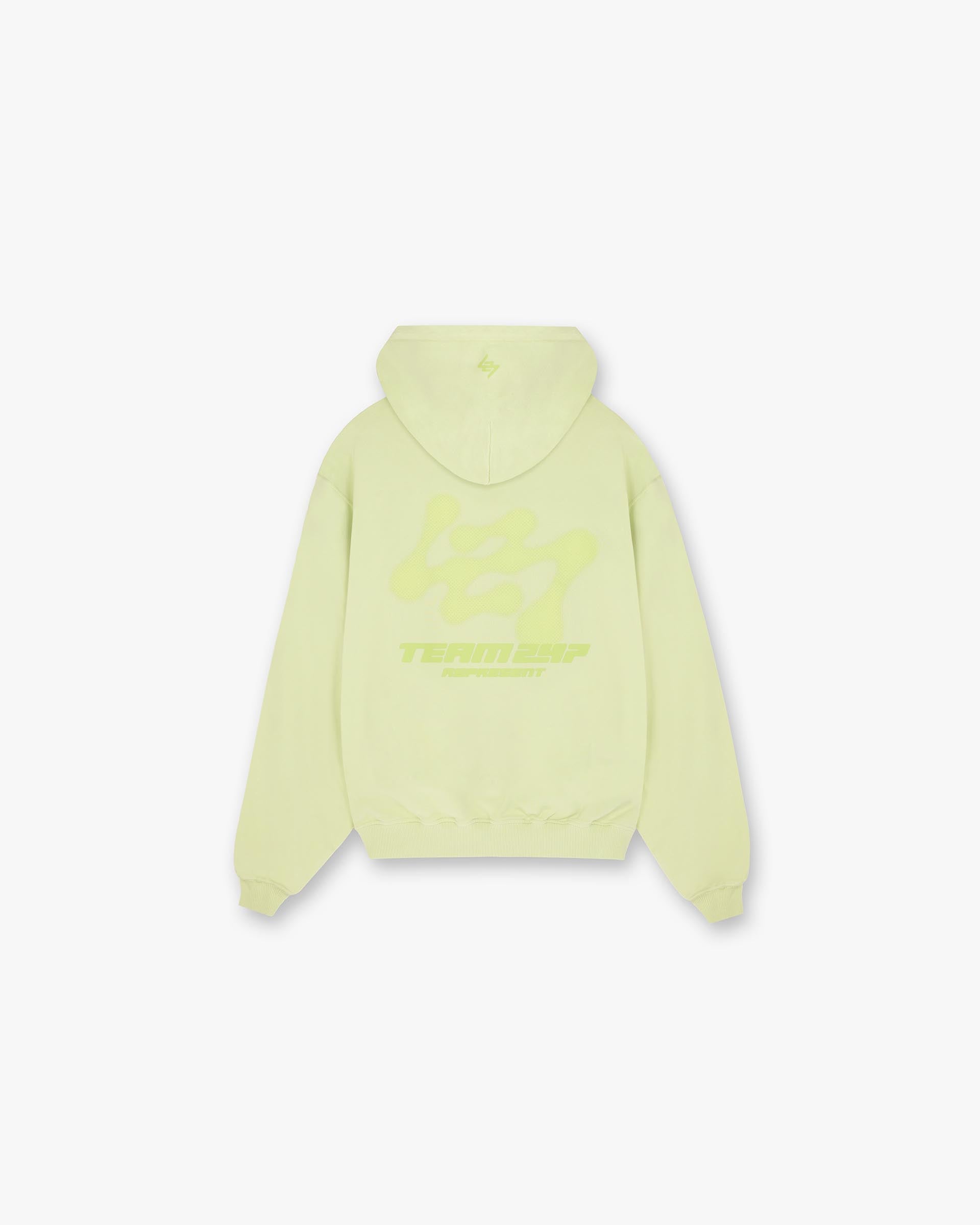 Back product image of a mens green hoodie on a plain white background | 247 Future Terrains Oversized Hoodie in Shadow Lime | Oversized hoodie with 247 logo and ribbed hem | 247 Hoodies | Represent Clo