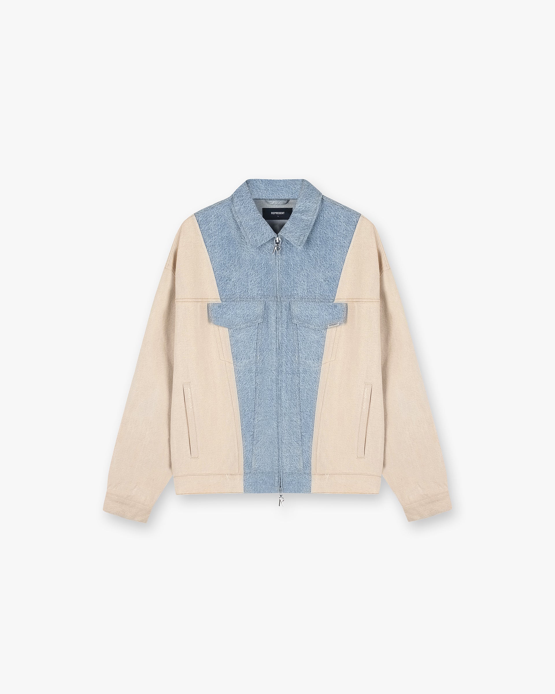Front product image of a mens blue denim jacket on a plain white background | R4 Colour Block Denim Jacket in Blue | Colour block denim jacket | SS24 Denim | Represent Clo
