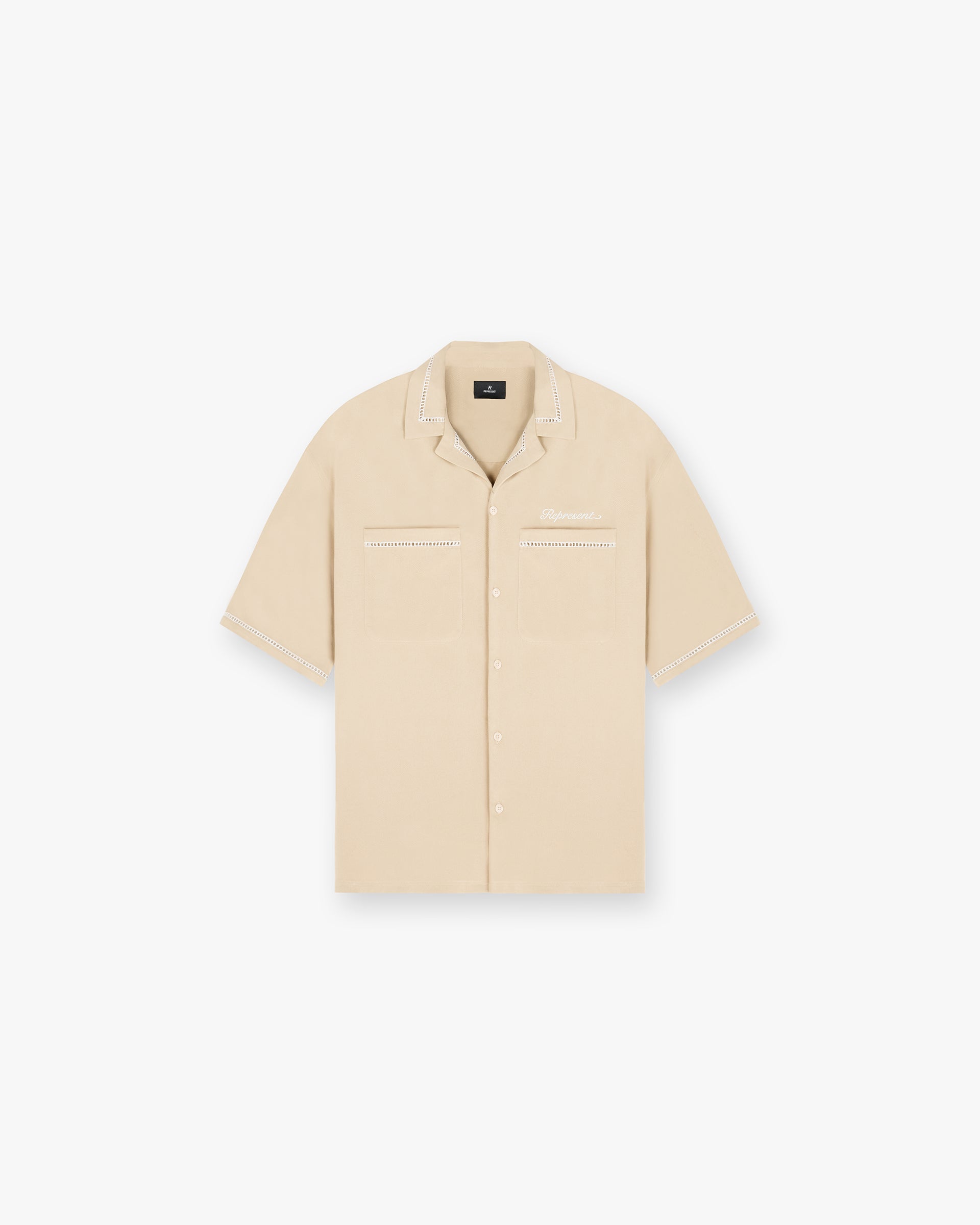 Front product image of a mens beige shirt on a plain white background | Resort Shirt in Latte | Shirt in lightweight fabric | SC24 Shirts | Represent Clo
