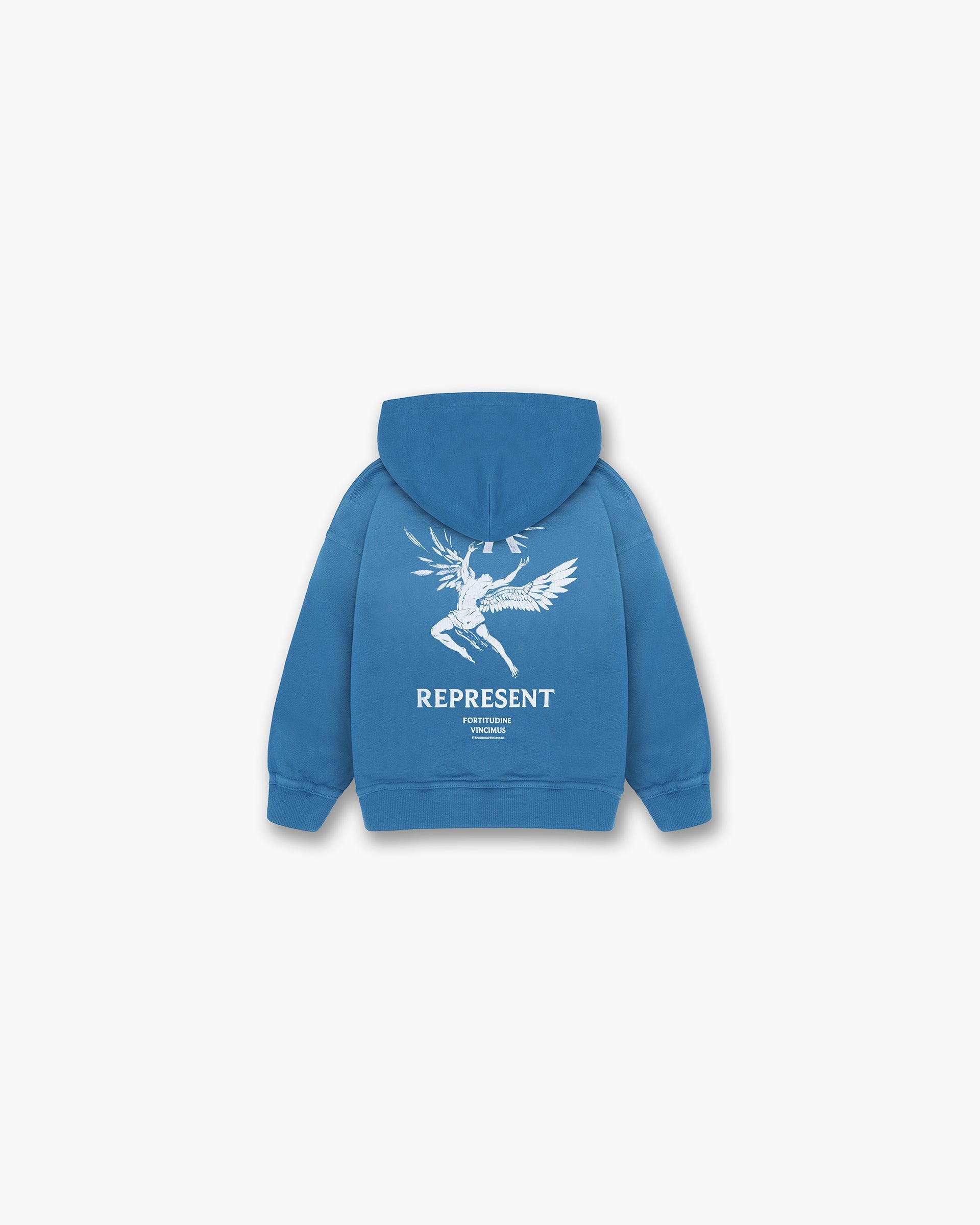 Back product image of a childs blue hoodie on a plain white background | Mini Icarus Hoodie in Sky Blue | Slightly oversized kids hoodie with graphic print | Mini Hoodies | Represent Clo