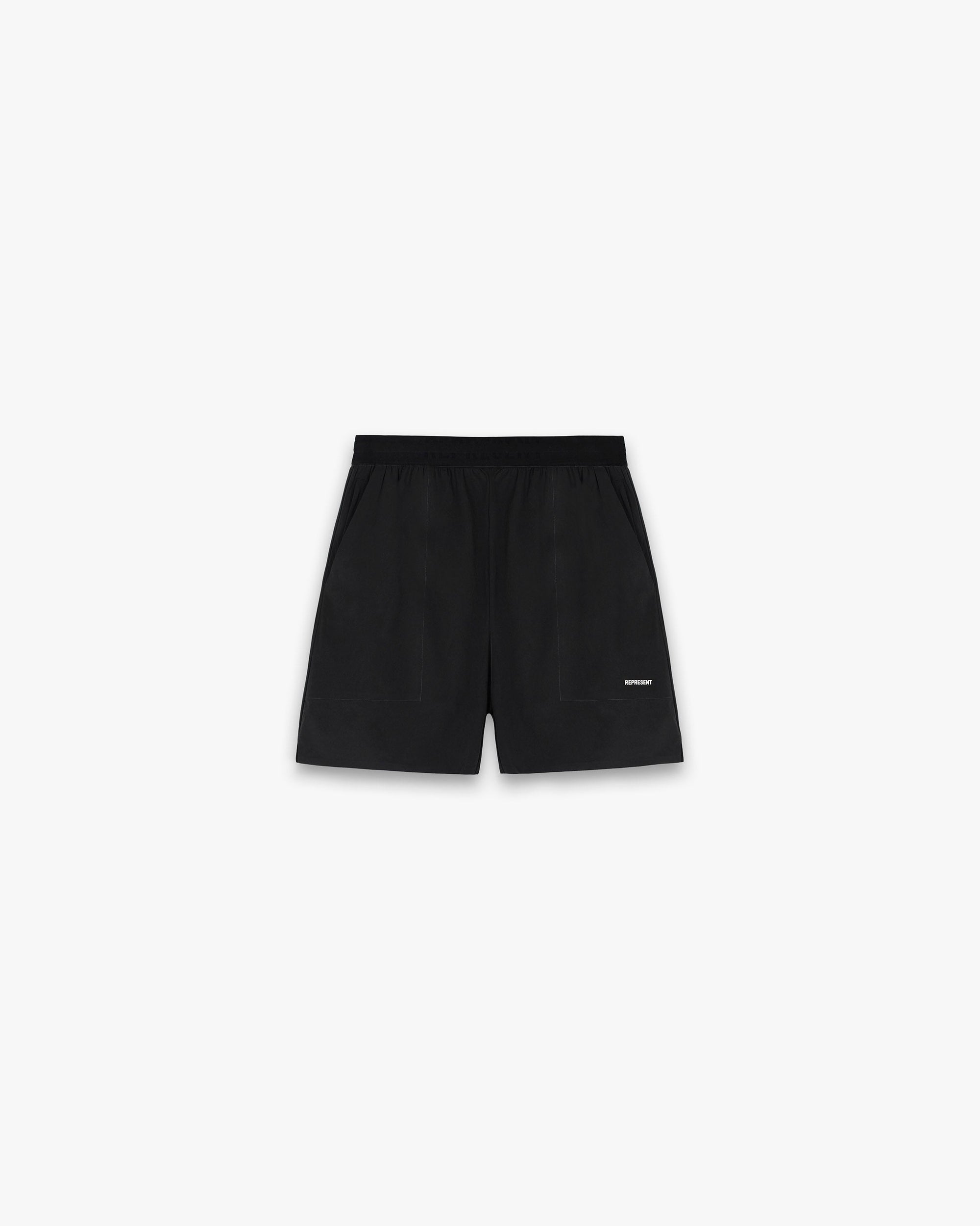 Front product image of mens black shorts on a plain white background | Team 247 Fused Shorts in Black | Swim shorts with elasticated waistband and mesh brief | 247 Shorts | Represent Clo