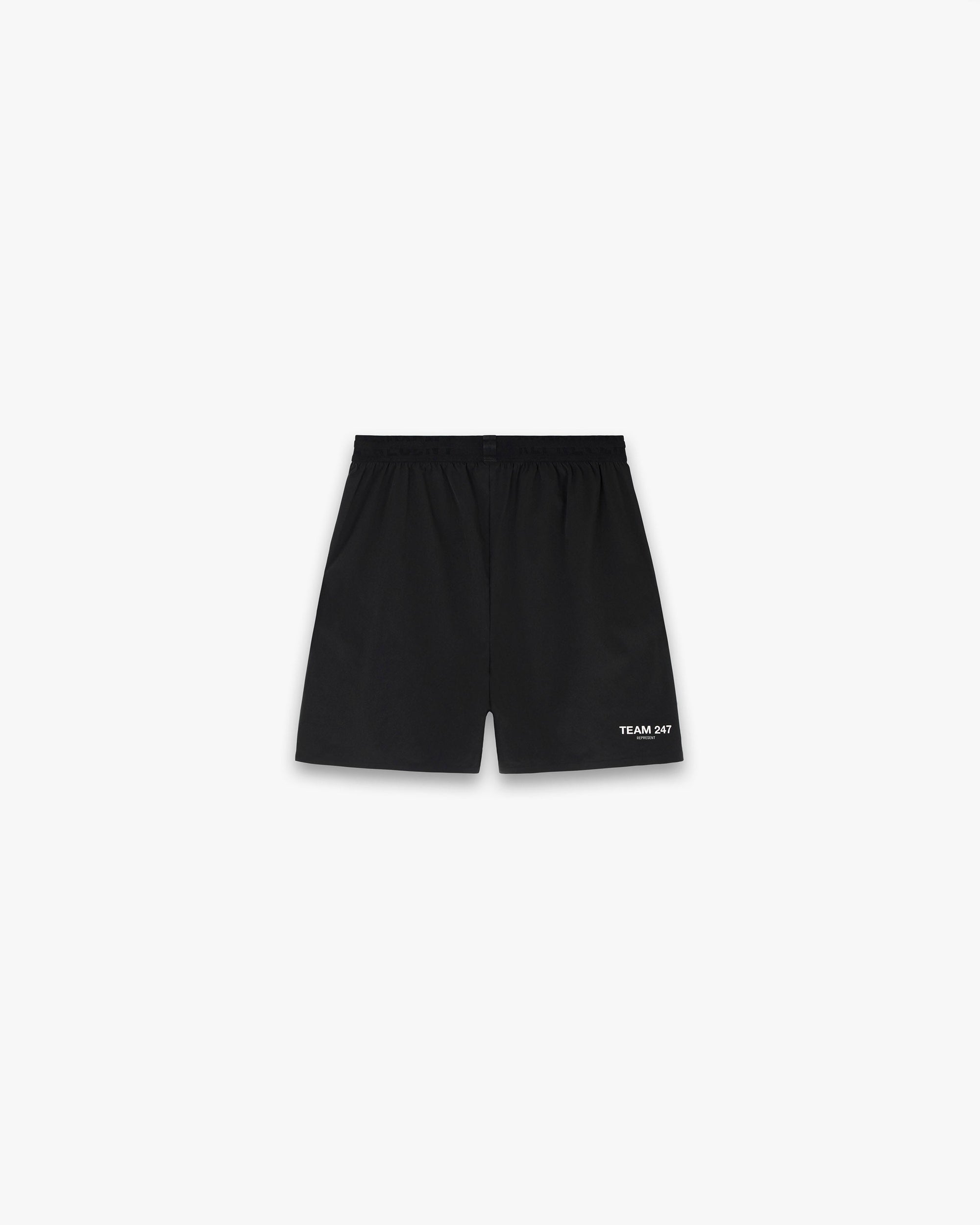 Back product image of mens black gym shorts on a plain white background | Team 247 Fused Shorts in Black | Durable gym shorts with quick-drying and stretchy fabric | 247 Shorts | Represent Clo
