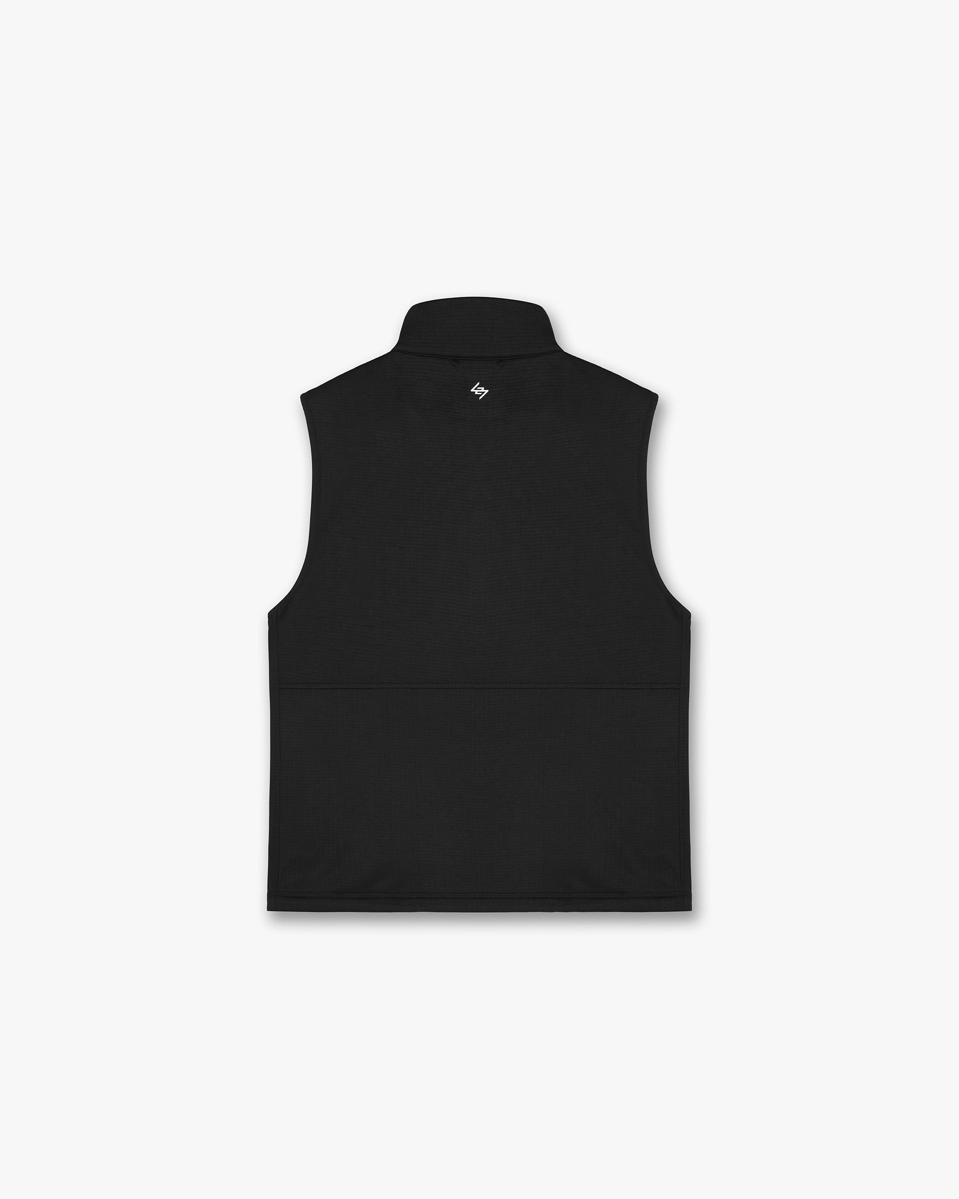 Back product image of a mens black gilet on a plain white background | Team 247 Mission Gilet in Black | Gridded fleece gilet with funnel neck and adjustable hem | 247 Outerwear | Represent Clo