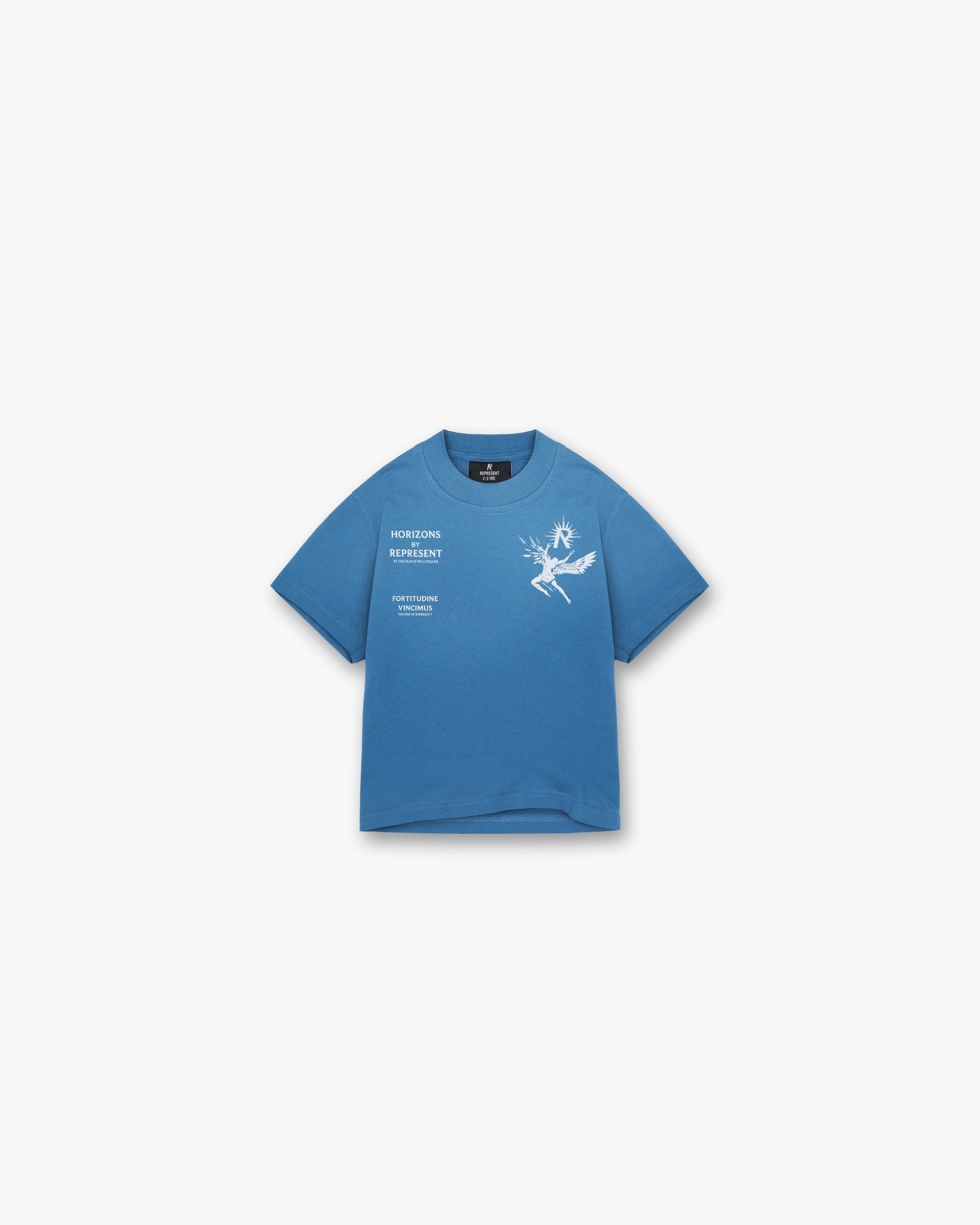 Front product image of a kids blue t-shirt on a plain white background | Mini Icarus T-Shirt in Sky Blue | Soft cotton t-shirt with Icarus print | Mini T-Shirts | Represent Clo