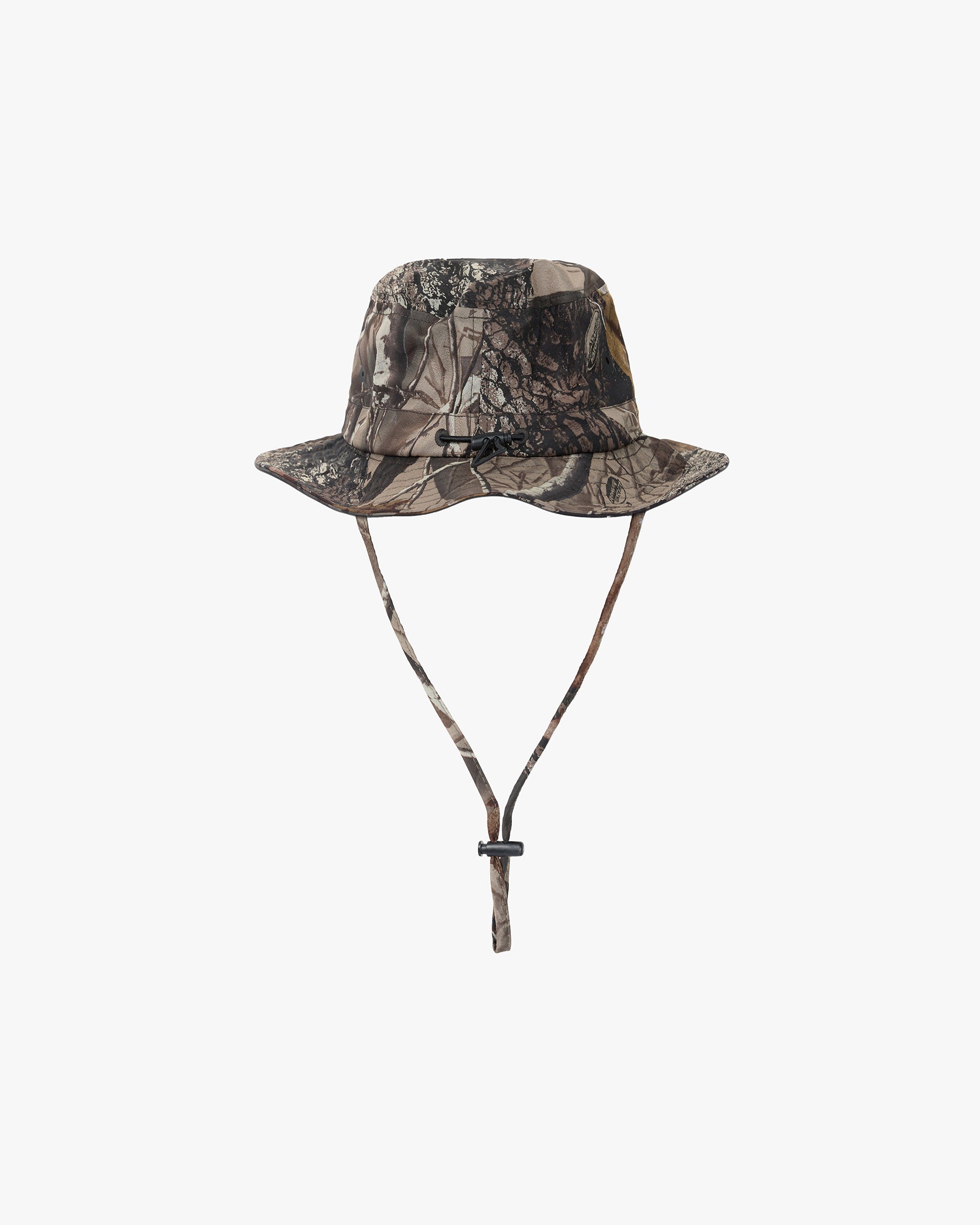 Back product image of a mens camo bucket hat on a plain white background | 247 Bucket Hat in Realtree | Ripstop bucket hat with adjustable bungee cord | 247 Accessories | Represent Clo