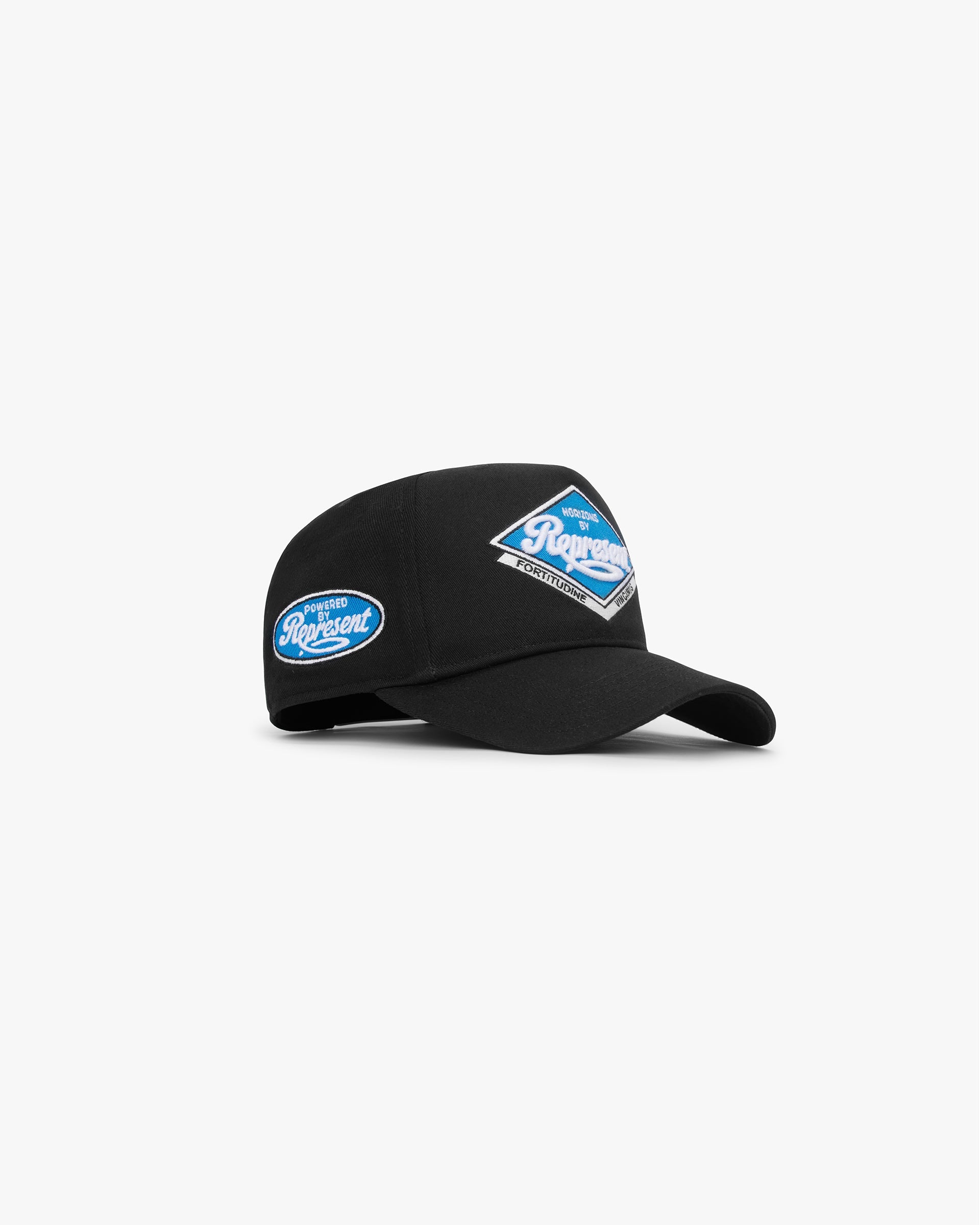 Front product image of a mens black cap on a plain white background | Powered By Represent Cap in Black | Adjustable black cap | SS24 Accessories | Represent Clo