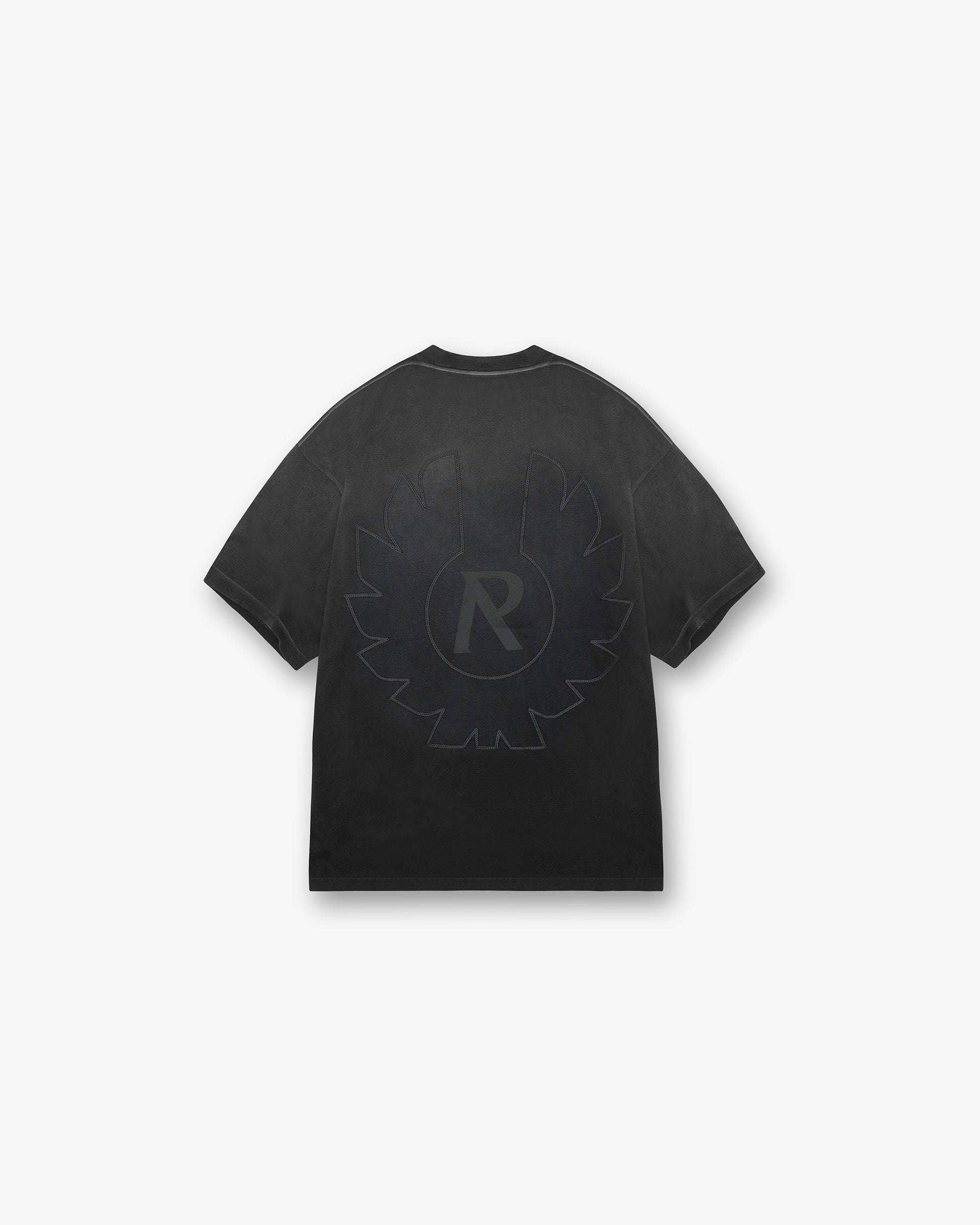 Back product image of a mens black t-shirt on a plain white background | Represent X Belstaff Outline Phoenix T-Shirt in Shadow | T-Shirts with embroidered logos | Exclusives T-Shirts | Represent Clo