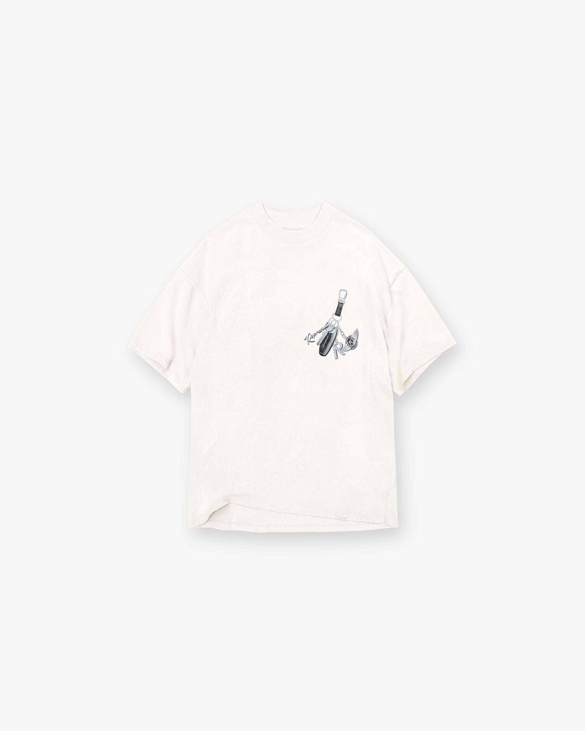 Front product image of a mens white t-shirt on a plain white background | Keys To The Club T-Shirt in Flat White | Slightly oversized t-shirt with screen print graphics | FW24 T-Shirts | Represent Clo