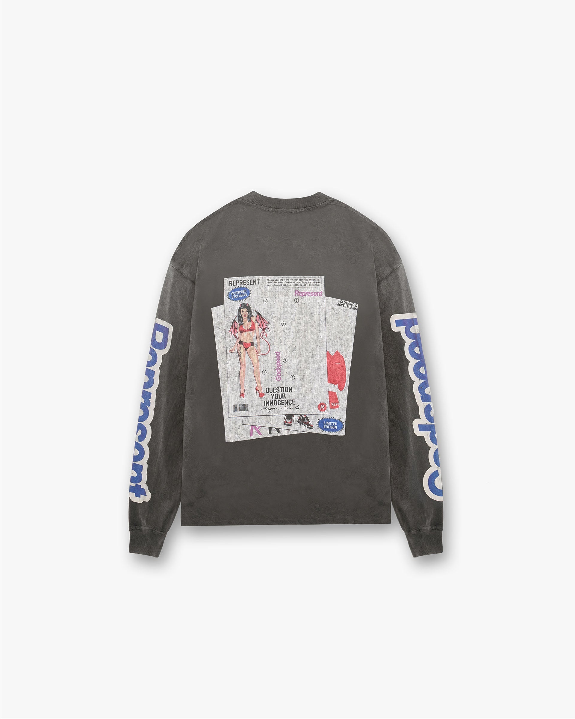 Back product image of a mens grey long sleeve t-shirt on a plain white background | Question Your Innocence Long Sleeve T-Shirt in Vintage Grey | Long sleeve t-shirt with cracked print graphic and metal logo | FW24 T-Shirts | Represent Clo