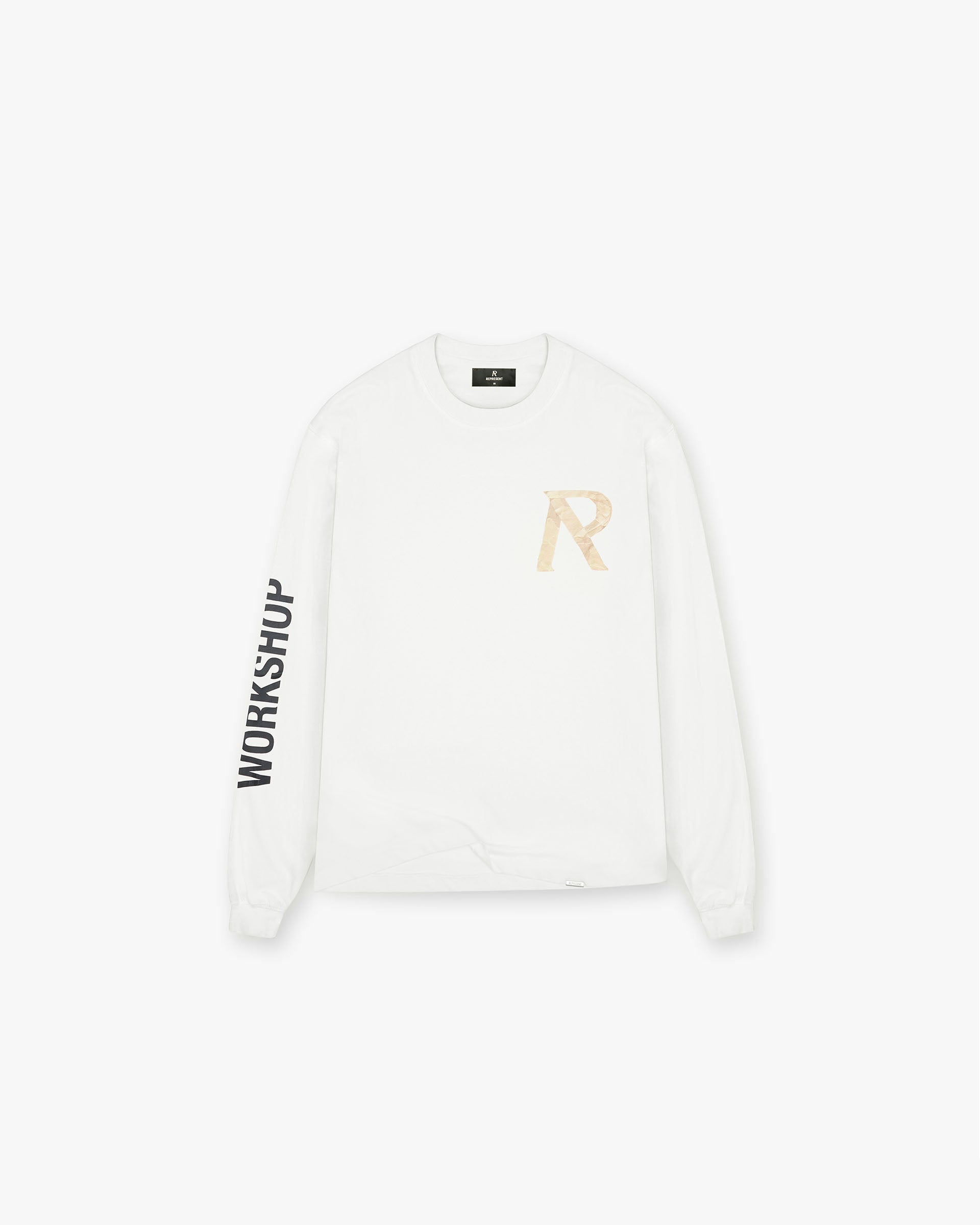 Front product image of a mens white long sleeve t-shirt on a plain white background | Masking Tape Initial Long Sleeve T-Shirt in Flat White | Oversized cropped fit t-shirt | FW24 T-Shirts | Represent Clo