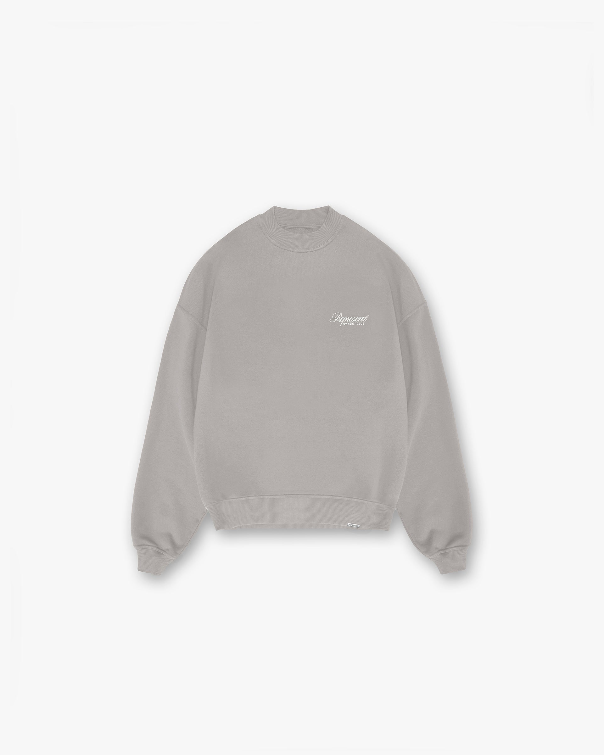 Front product image of a mens grey sweater on a plain white background | Represent Owners Club Script Sweater in Slate | Soft cotton relaxed fit sweater | Owners Club Sweaters | Represent Clo