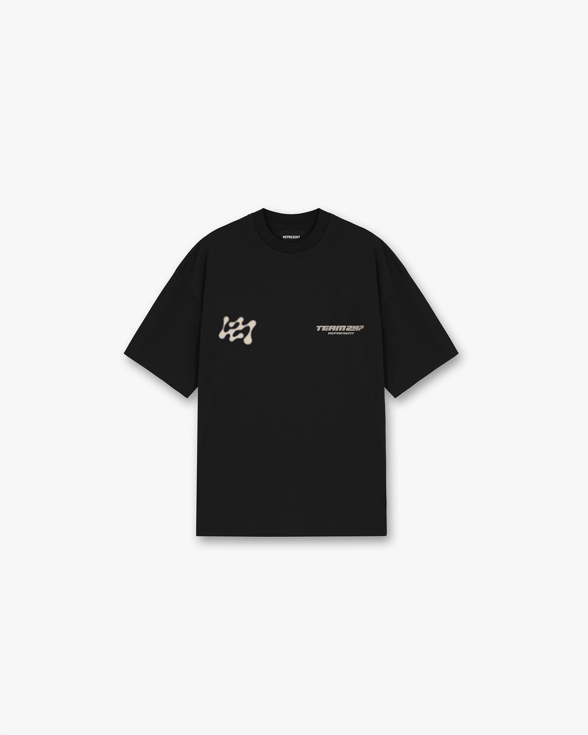 Front product image of a mens black t-shirt on a plain white background | 247 Future Terrains Oversized T-Shirt in Black | Oversized mens t-shirt | 247 T-Shirts | Represent Clo