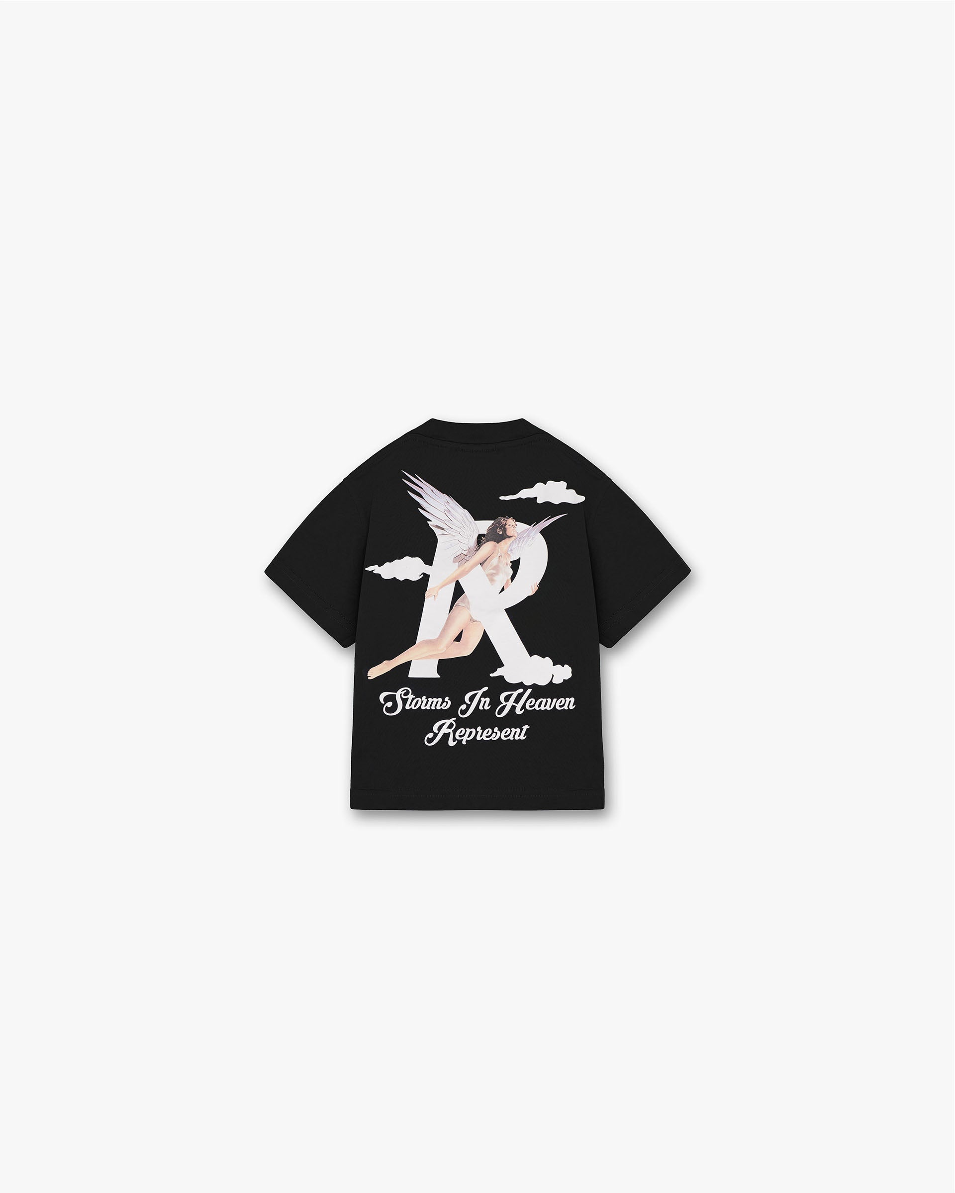 Back product image of a kids black t-shirt on a plain white background | Mini Storms In Heaven T-Shirt in Jet Black | Oversized graphic t-shirt with screen printed design | SS23 Mini T-Shirts | Represent Clo