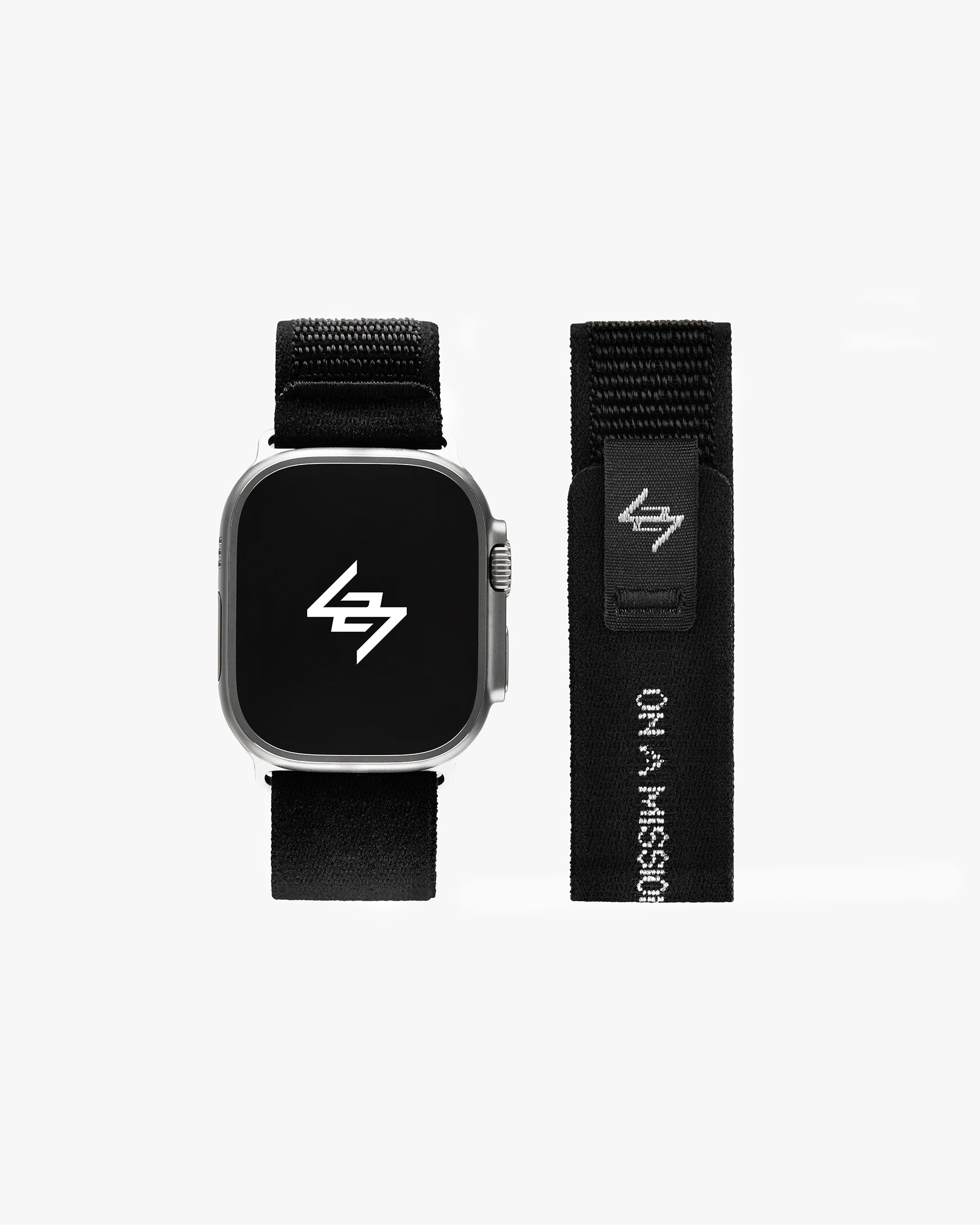 Back product image of a mens black watch strap on a plain white background | 247 Apple Watch Strap in Black | Nylon weave watch strap with velcro fastener | 247 Accessories | Represent Clo