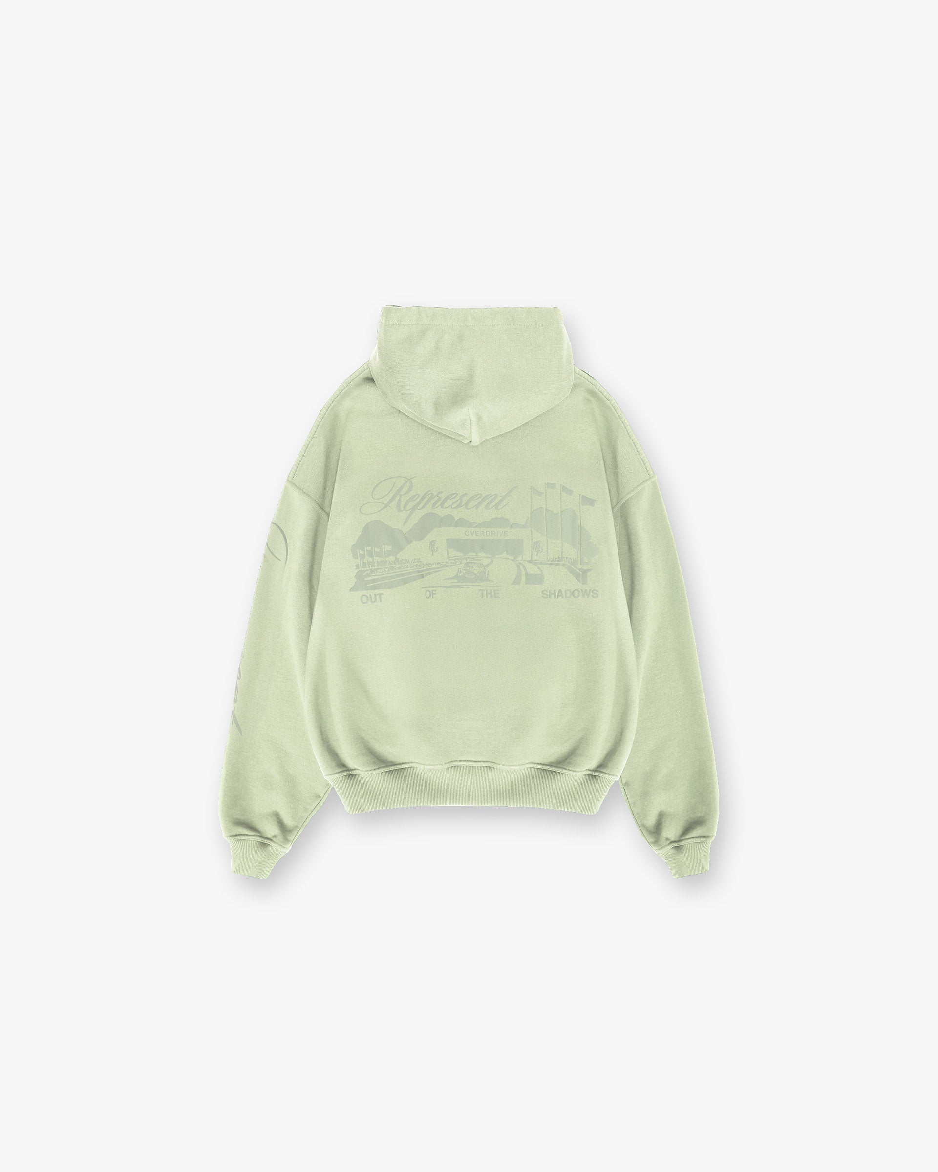Back product image of a mens green hoodie on a plain white background | Raceway Hoodie in Matcha | Slightly oversized hoodie with puff print and sleeve detail | SS25 Hoodies | Represent Clo