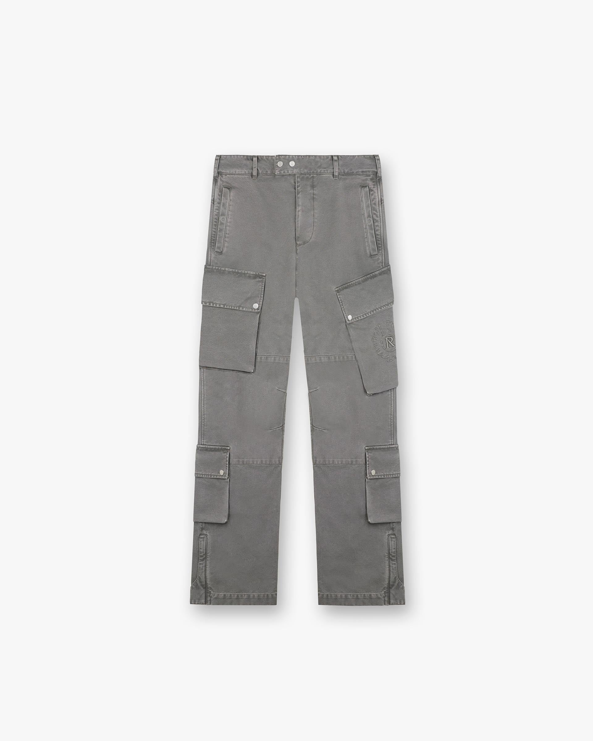 Front product image of mens grey cargo pants on a plain white background | Represent X Belstaff Enduro Cargo in Shadow | Cargo pants with utility pockets | Exclusives Pants | Represent Clo
