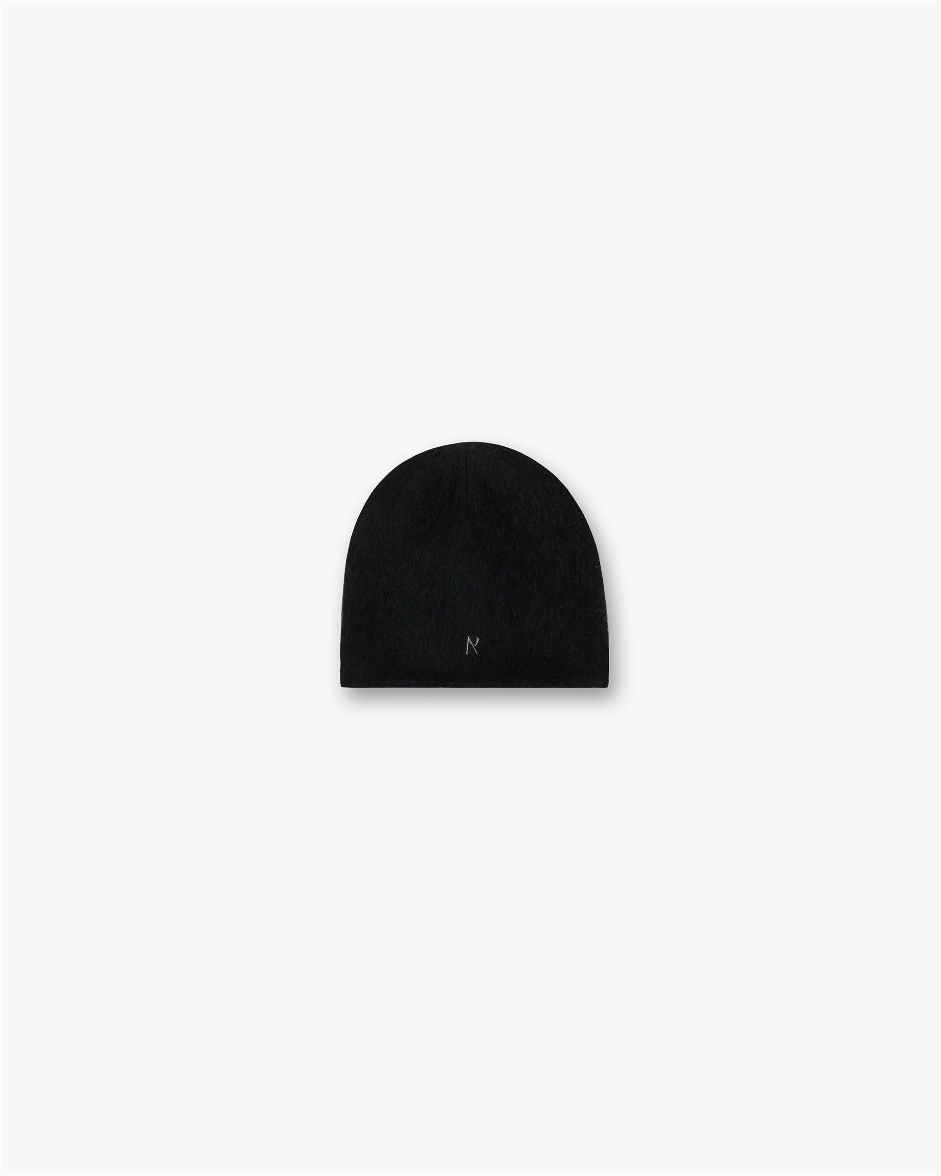 Front product image of a mens black beanie on a plain white background | Metal Initial Beanie in Jet Black | Beanie with metal initial pin | FW24 Accessories | Represent Clo