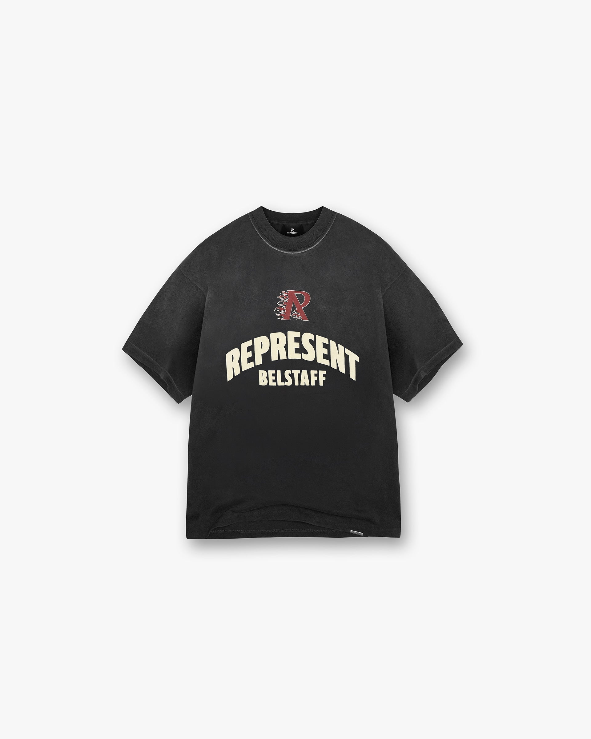 Front product image of a mens grey cotton t-shirt on a plain white background | Represent X Belstaff Flame Phoenix T-Shirt in Shadow | Classic t-shirt design | Exclusives T-Shirts | Represent Clo