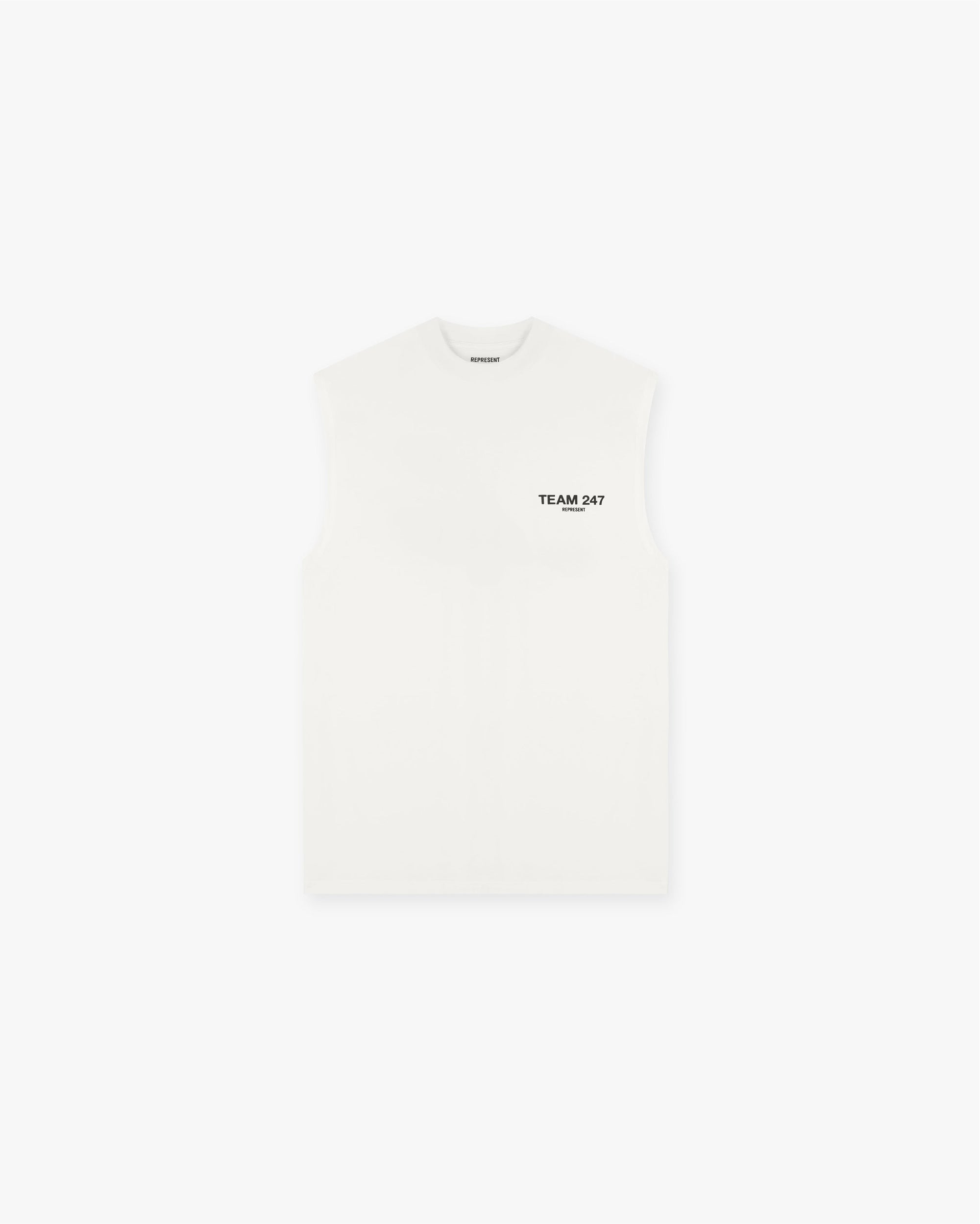 Front product image of a mens white oversized tank on a plain white background | Team 247 Oversized Tank in Flat White | Oversized fit tank with script graphic | 247 T-Shirts | Represent Clo