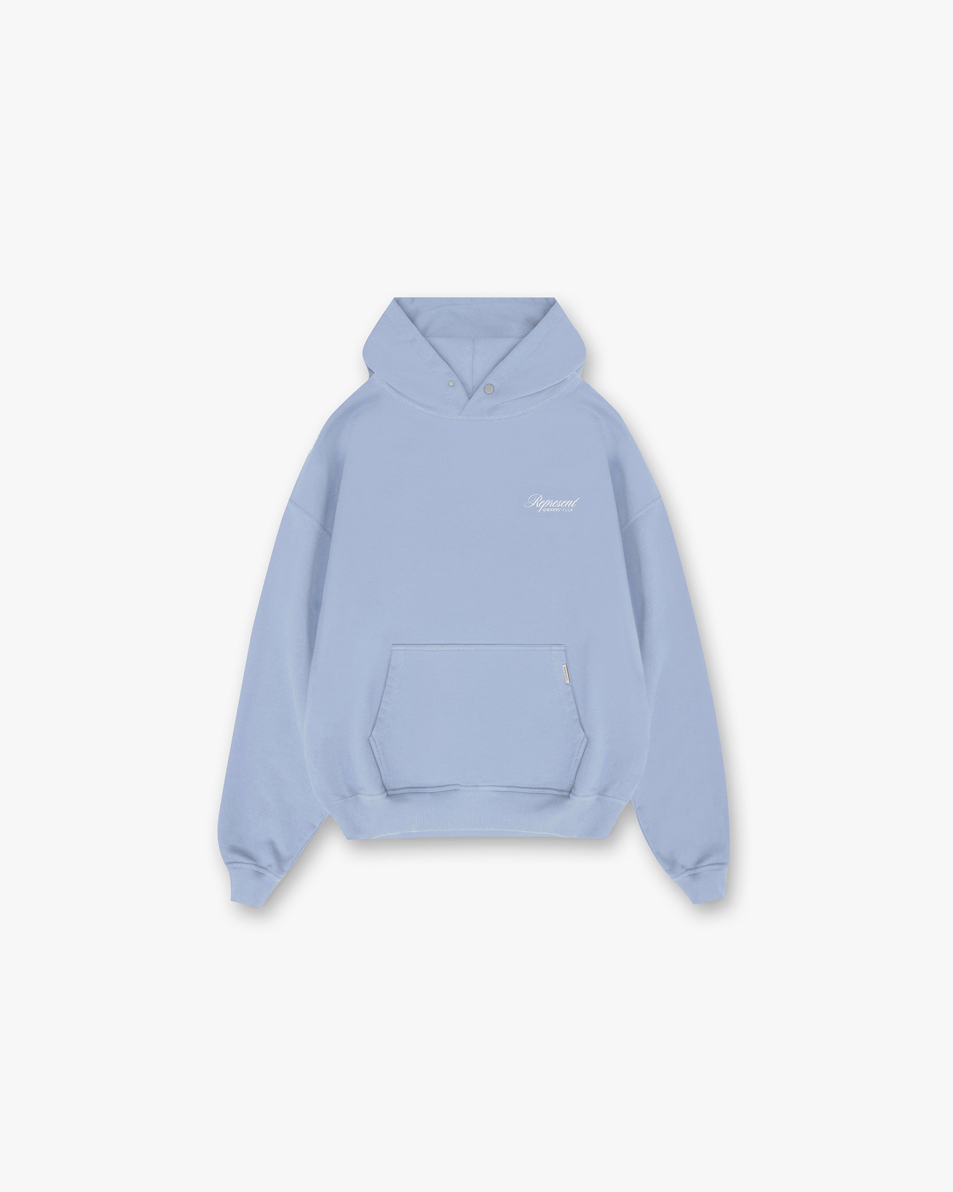 Front product image of a mens blue hoodie on a plain white background | Represent Owners Club Script Hoodie in Dusty Blue | Stylish hoodie with script logo | Owners Club Hoodies | Represent Clo