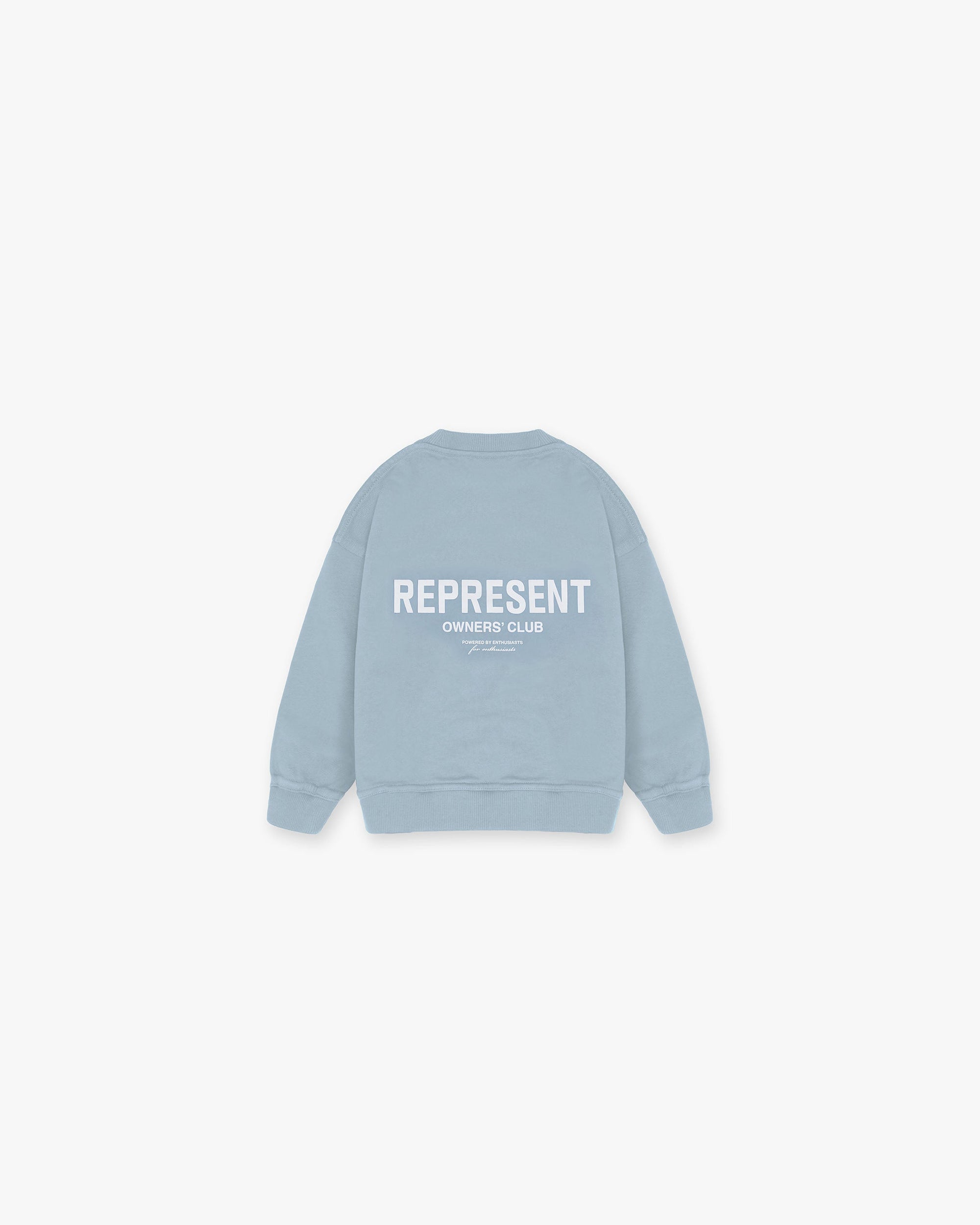 Front product image of a childs blue sweater on a plain white background | Represent Mini Owners Club Sweater in Powder Blue | Cotton sweater with ribbed trims | Owners Club Sweaters | Represent Clo