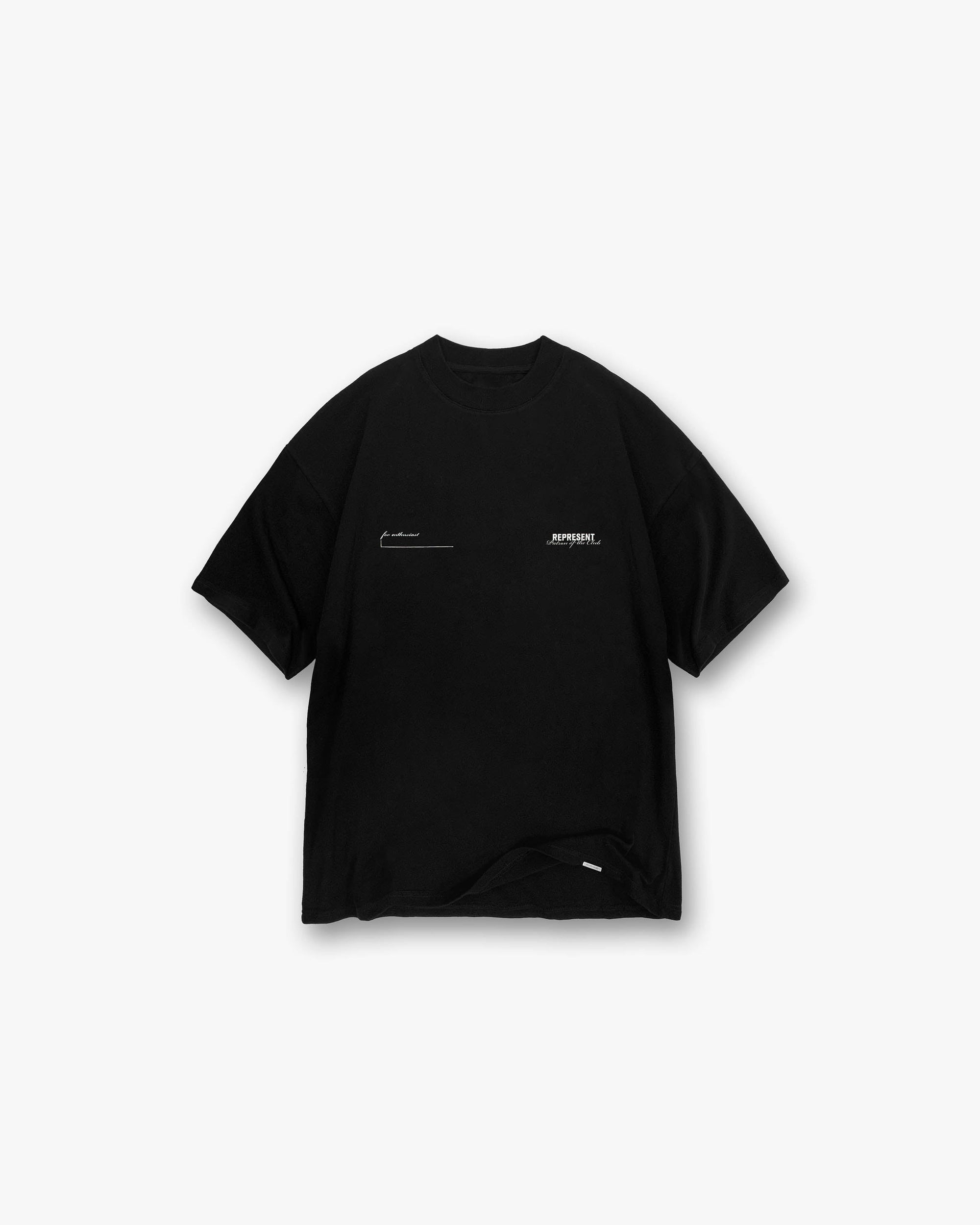 Front product image of a mens black t-shirt on a plain white background | Patron Of The Club T-Shirt in Black | Heavy weight cotton t-shirt with initial tour graphic | Patrons T-Shirts | Represent Clo