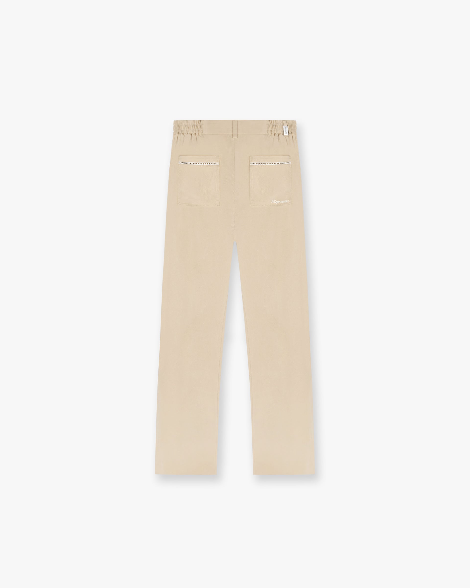 Back product image of mens brown pants on a plain white background | Resort Pant in Latte | Straight leg pants with contrast ladder trim | SC24 Pants | Represent Clo