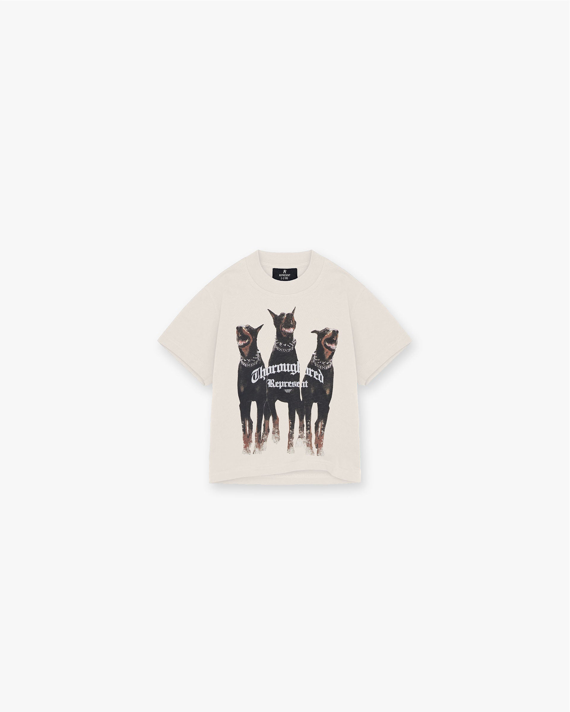 Front product image of a childs vintage white t-shirt on a plain white background | Mini Thoroughbred T-Shirt in Vintage White | Graphic t-shirt with initial branding | Mini T-Shirts | Represent Clo