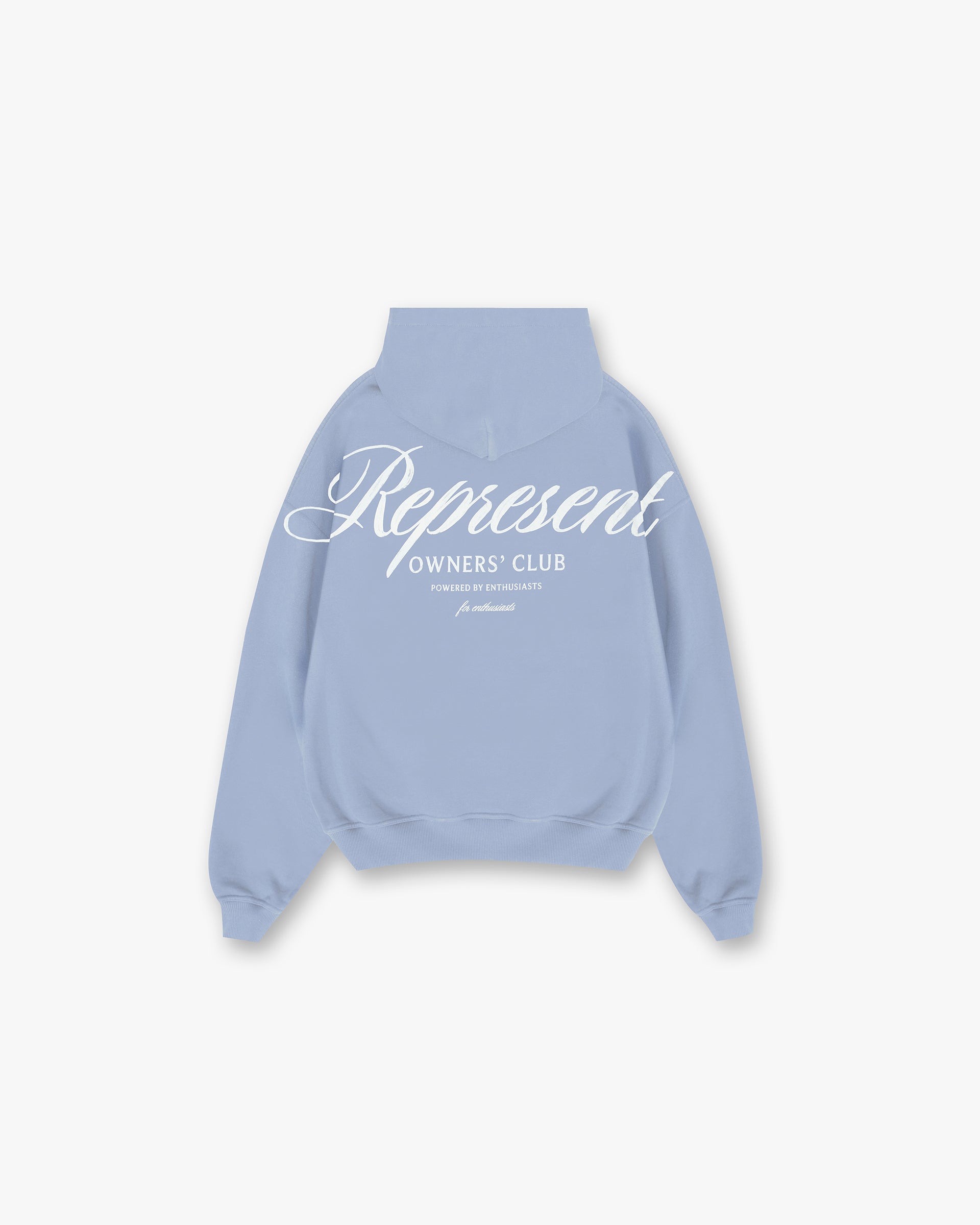 Back product image of a mens blue hoodie on a plain white background | Represent Owners Club Script Hoodie in Dusty Blue | Hoodie with Cobrax popper and screen print graphic | Owners Club Hoodies | Represent Clo