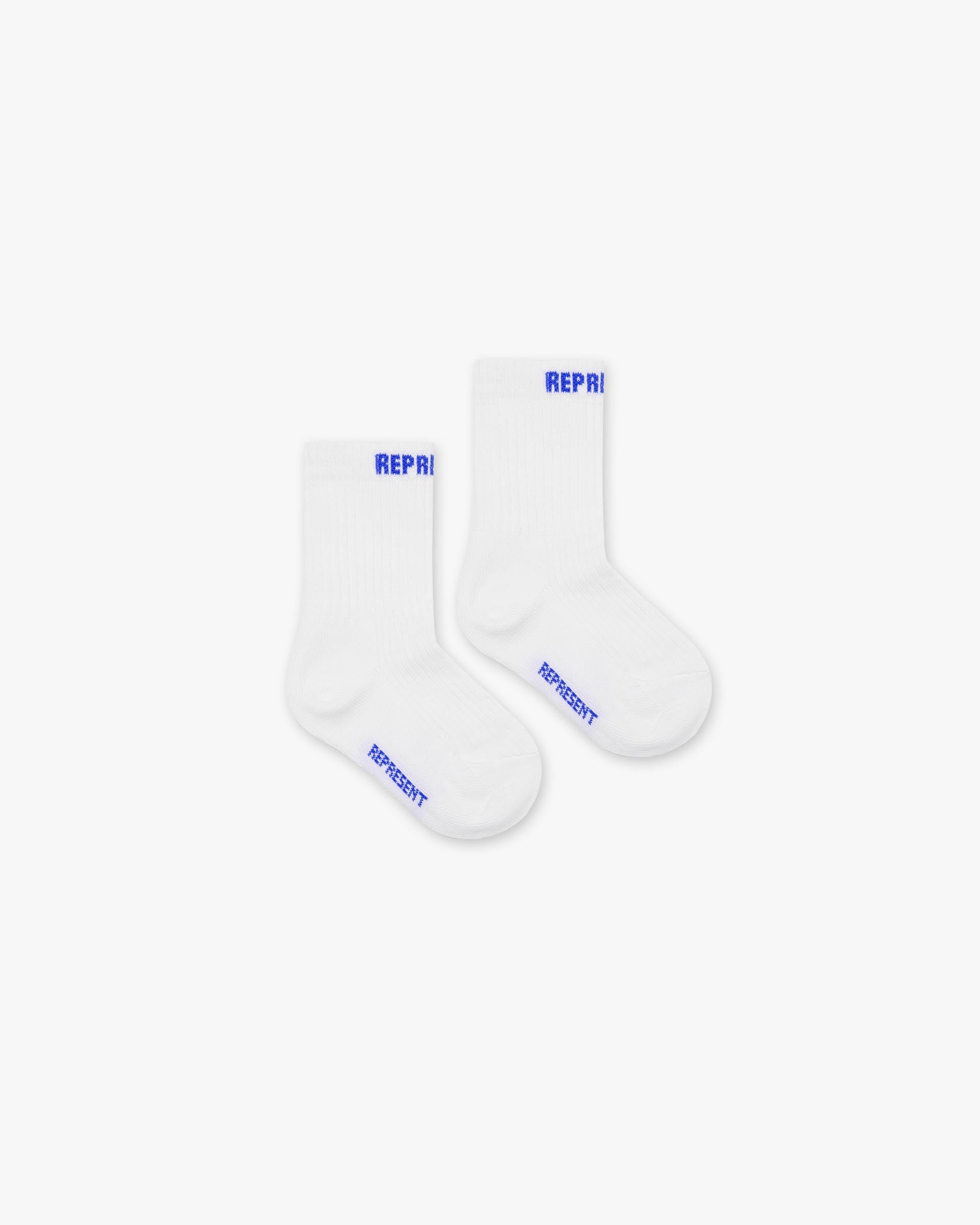 Front product image of mens cobalt socks on a plain white background | Mini Represent Socks 3 Pack in Cobalt | Socks in a three-pack | Mini Accessories | Represent Clo
