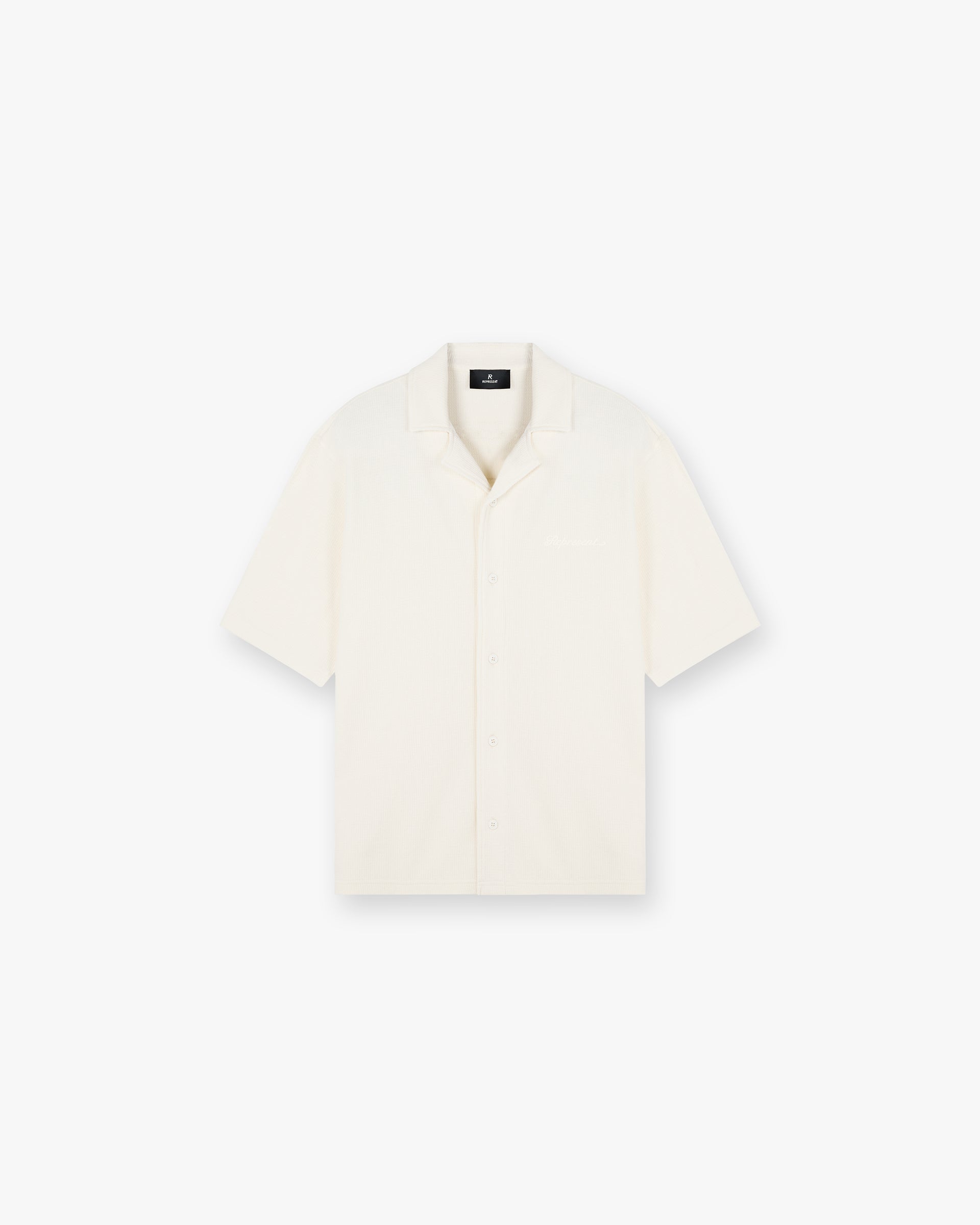 Front product image of a mens white shirt on a plain white background | Waffle Shirt in Antique White | Long sleeve shirt with curved hem and chest pockets | SC24 Shirts | Represent Clo