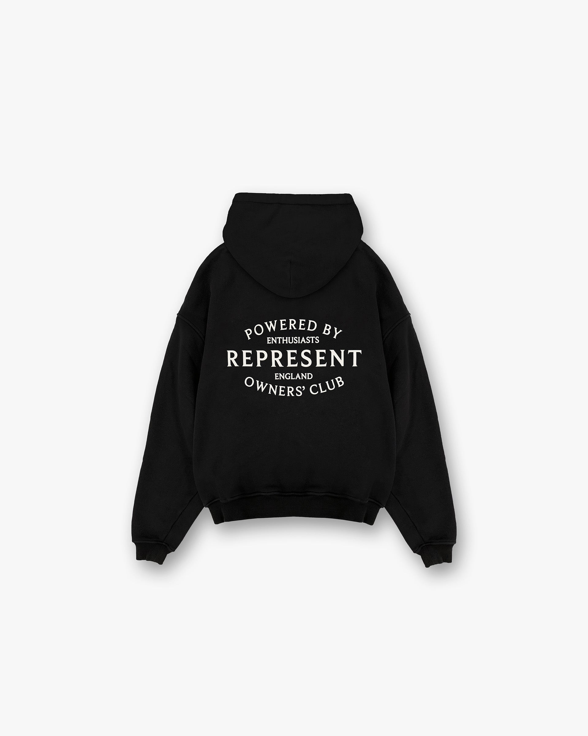 Front product image of a mens black hoodie on a plain white background | Represent Owners Club Stamp Hoodie in Jet Black | Relaxed fit hoodie with Owners Club stamp graphic | Owners Club Hoodies | Represent Clo