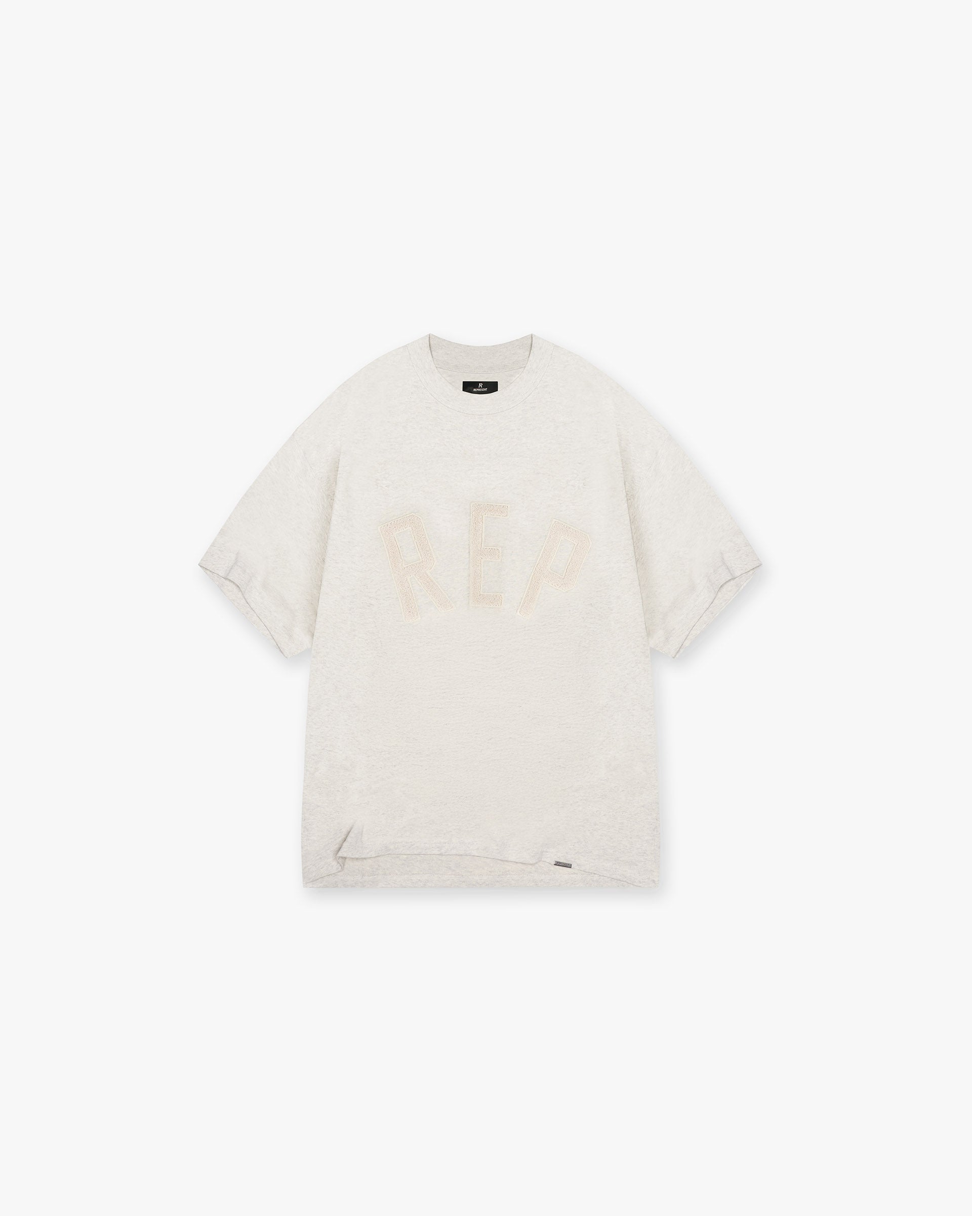 Front product image of a mens cream t-shirt on a plain white background | Rep Applique T-Shirt in Cream Marl | T-Shirt with graphic applique detail | SS25 T-Shirts | Represent Clo
