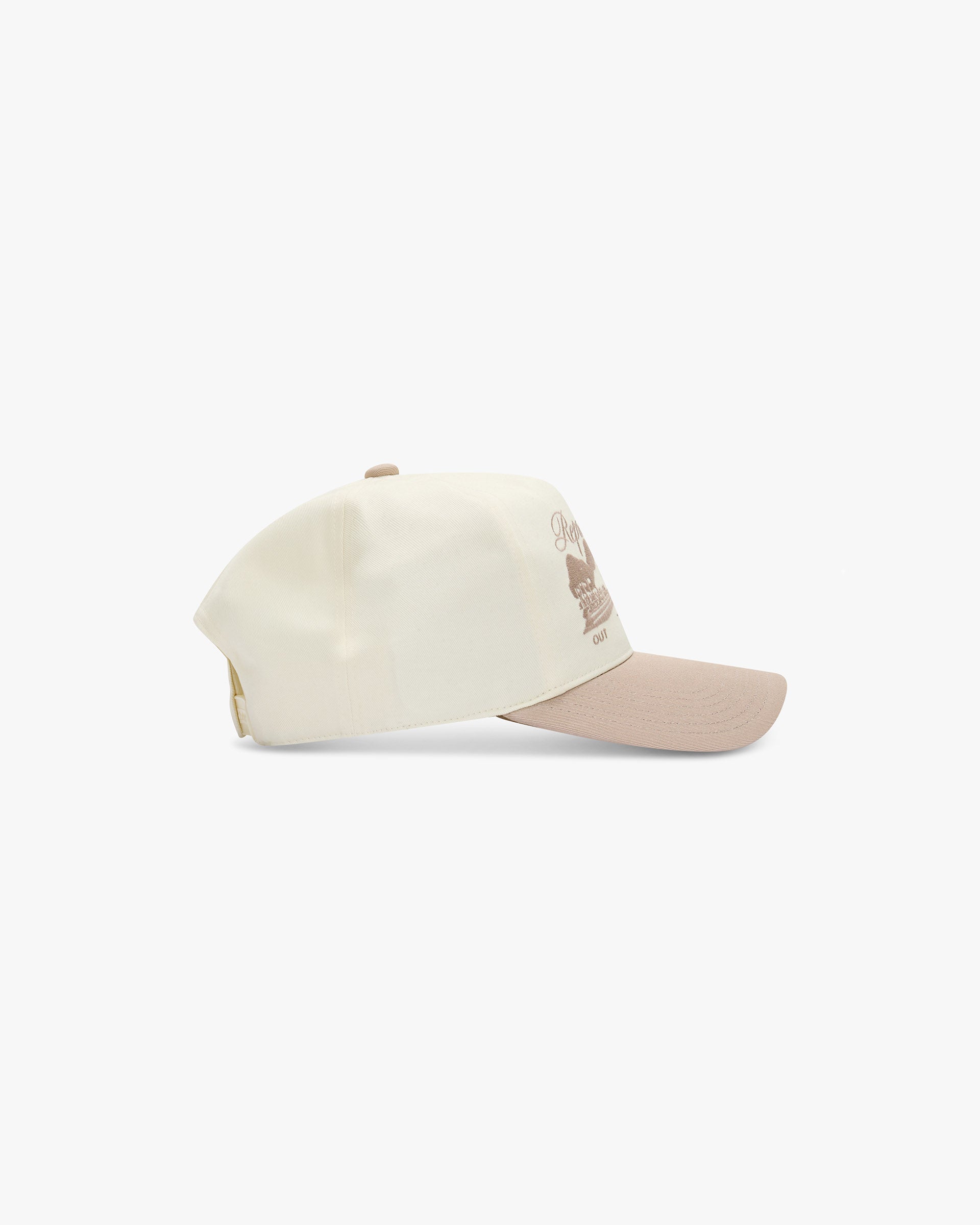Back product image of a mens white and tan cap on a plain white background | Raceway Cap in Antique White Barley | Snapback cap with embroidered branding | SS25 Accessories | Represent Clo