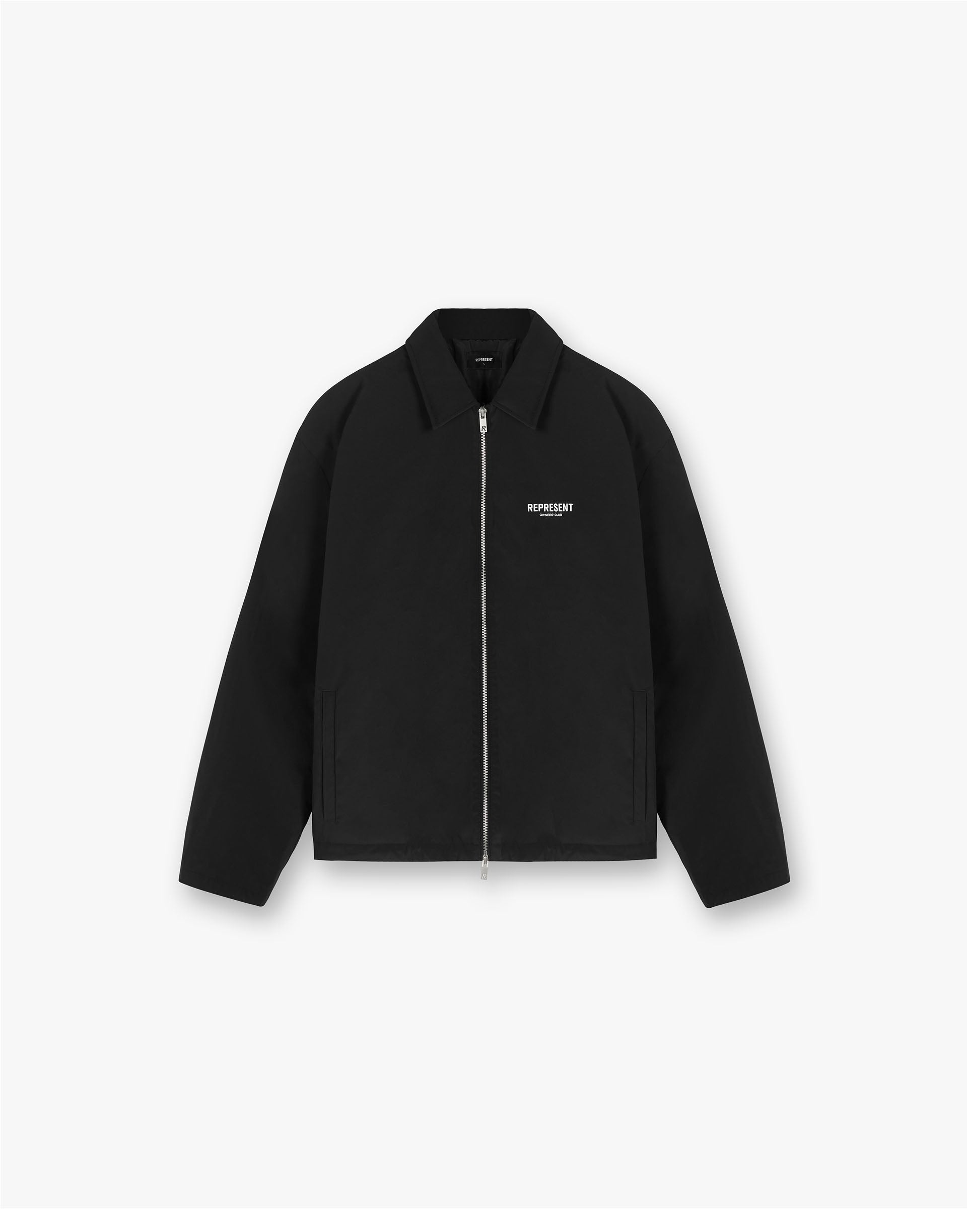 Front product image of a mens black jacket on a plain white background | Represent Owners Club Coach Jacket in Black | Stylish outerwear with sleek design | Owners Club Outerwear | Represent Clo