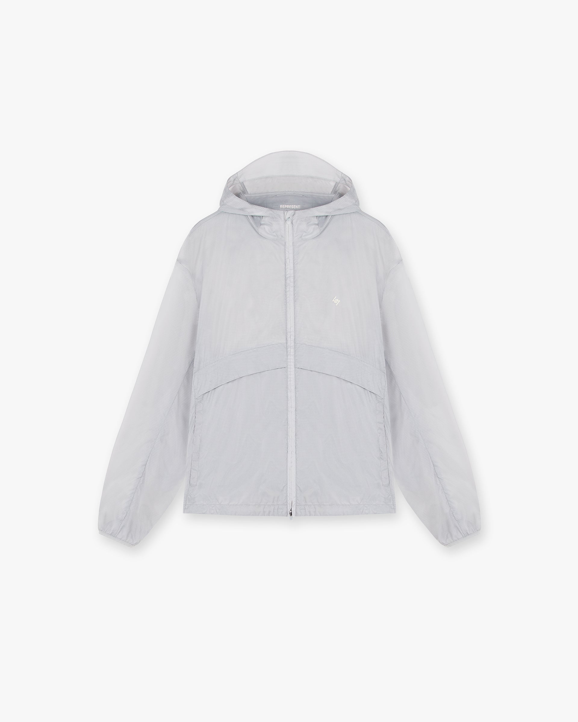Front product image of a mens grey hooded jacket on a plain white background | 247 Hooded Training Jacket in Moonstone | Lightweight quick-dry outerwear | 247 Outerwear | Represent Clo