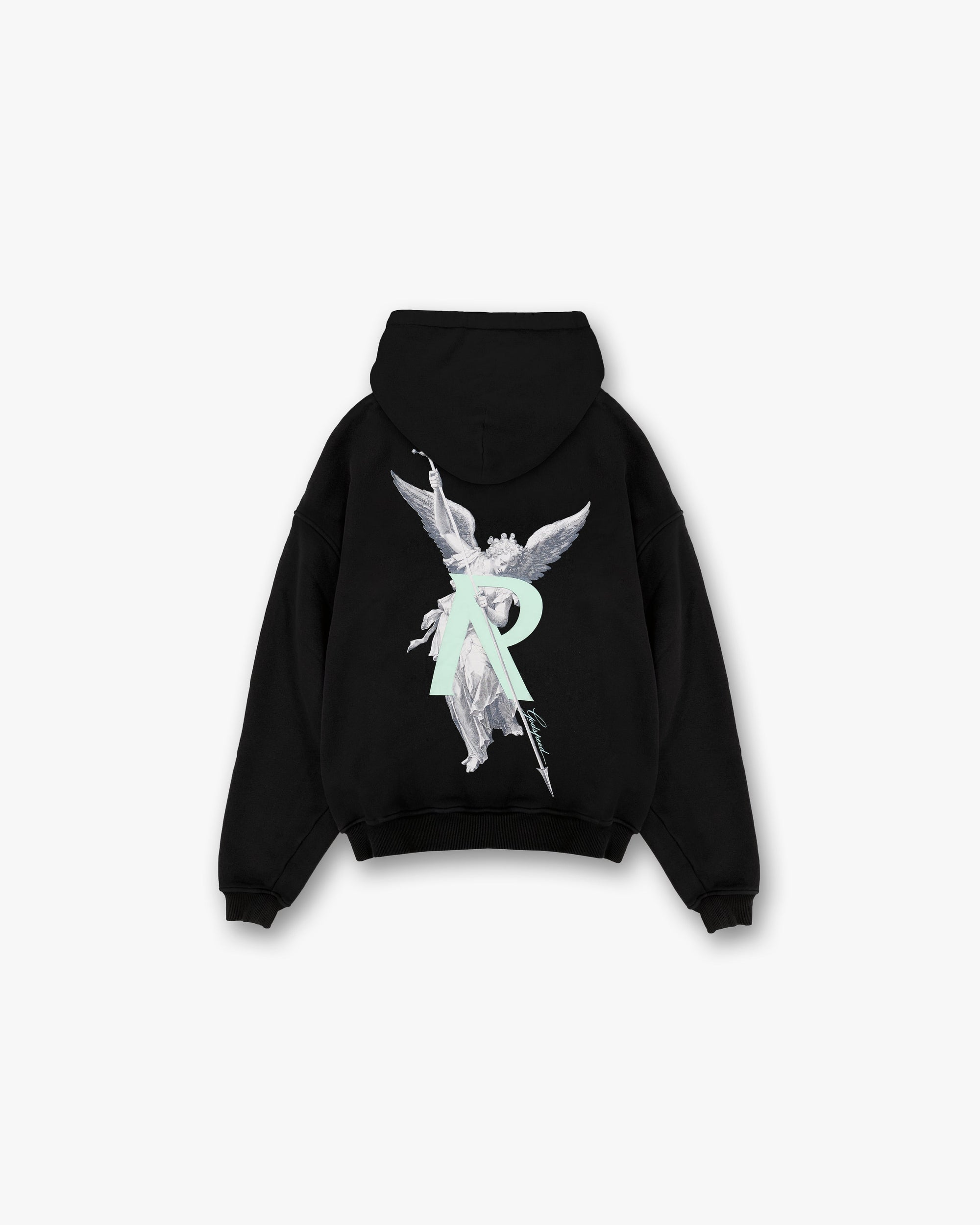 Back product image of a mens black hoodie on a plain white background | Archangel Initial Hoodie in Jet Black | Slightly oversized hoodie with high density graphic | Exclusives Hoodies | Represent Clo