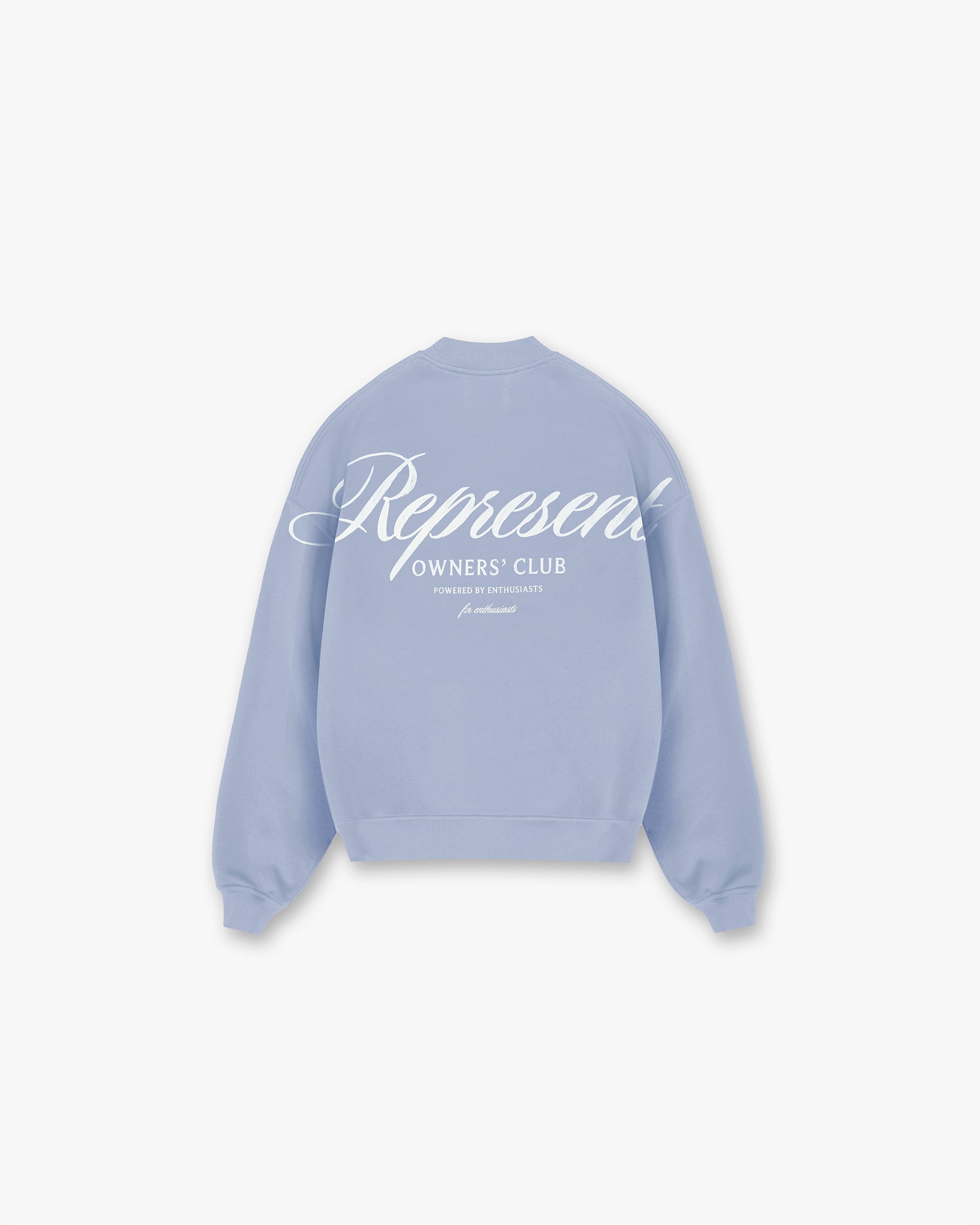 Back product image of a mens blue sweater on a plain white background | Represent Owners Club Script Sweater in Dusty Blue | Oversized fit sweater with ribbed hem and cuffs | Owners Club Sweaters | Represent Clo