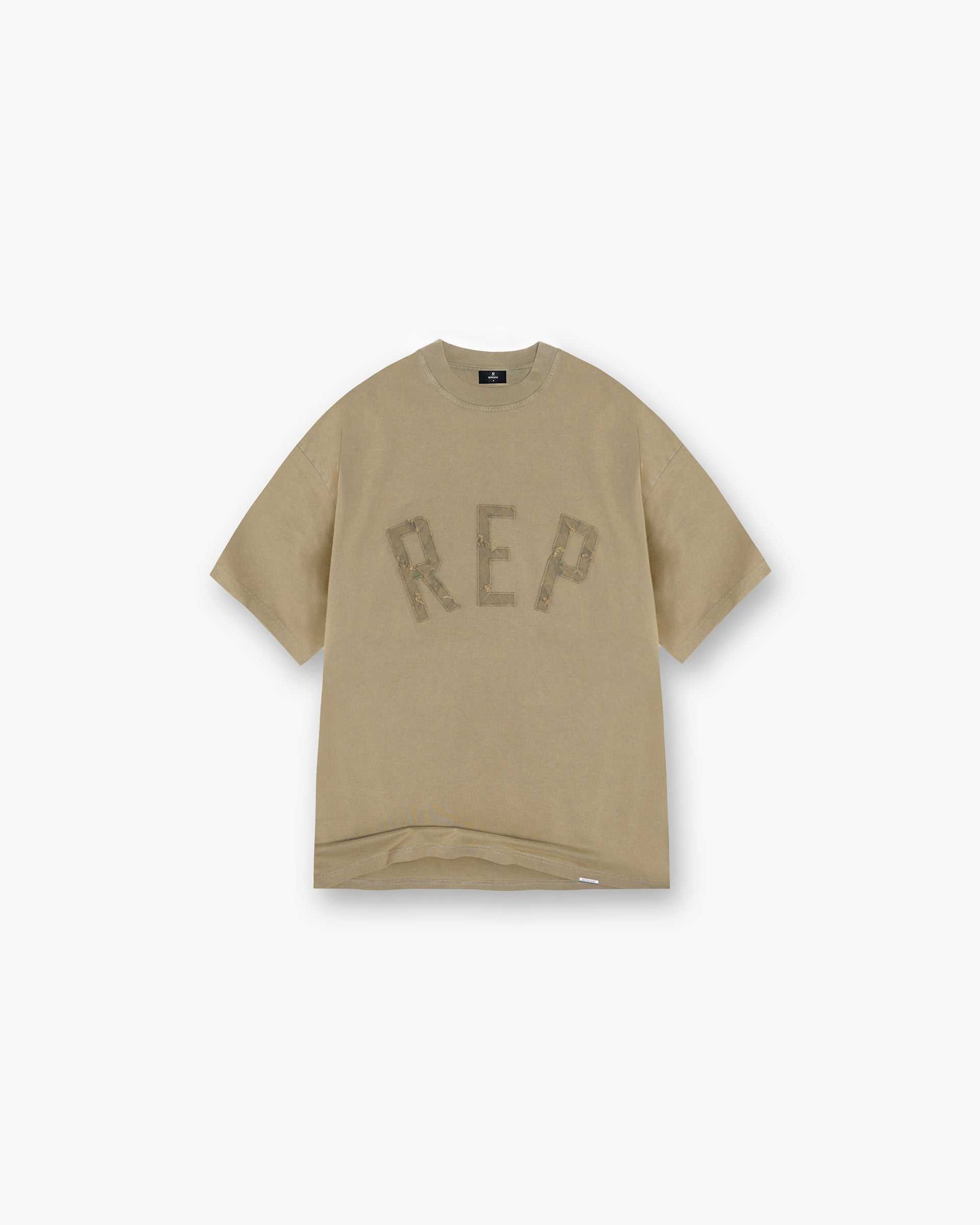 Front product image of a mens white t-shirt on a plain white background | Rep Applique T-Shirt in Fawn | T-shirt with distressed applique logo and soft hand feel | FW24 T-Shirts | Represent Clo