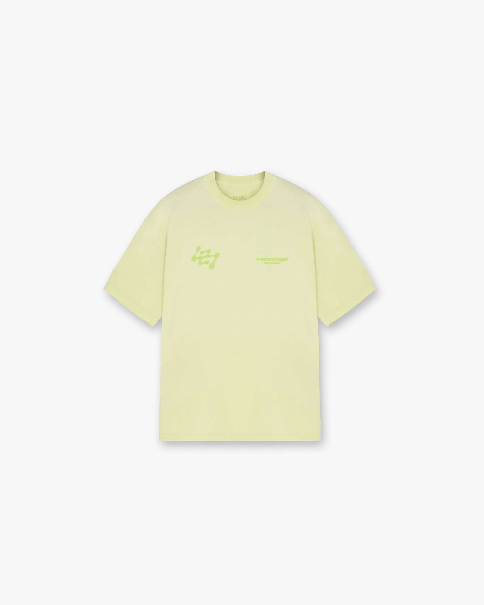 Front product image of a mens lime t-shirt on a plain white background | 247 Future Terrains Oversized T-Shirt in Shadow Lime | Oversized fit t-shirt | 247 T-Shirts | Represent Clo