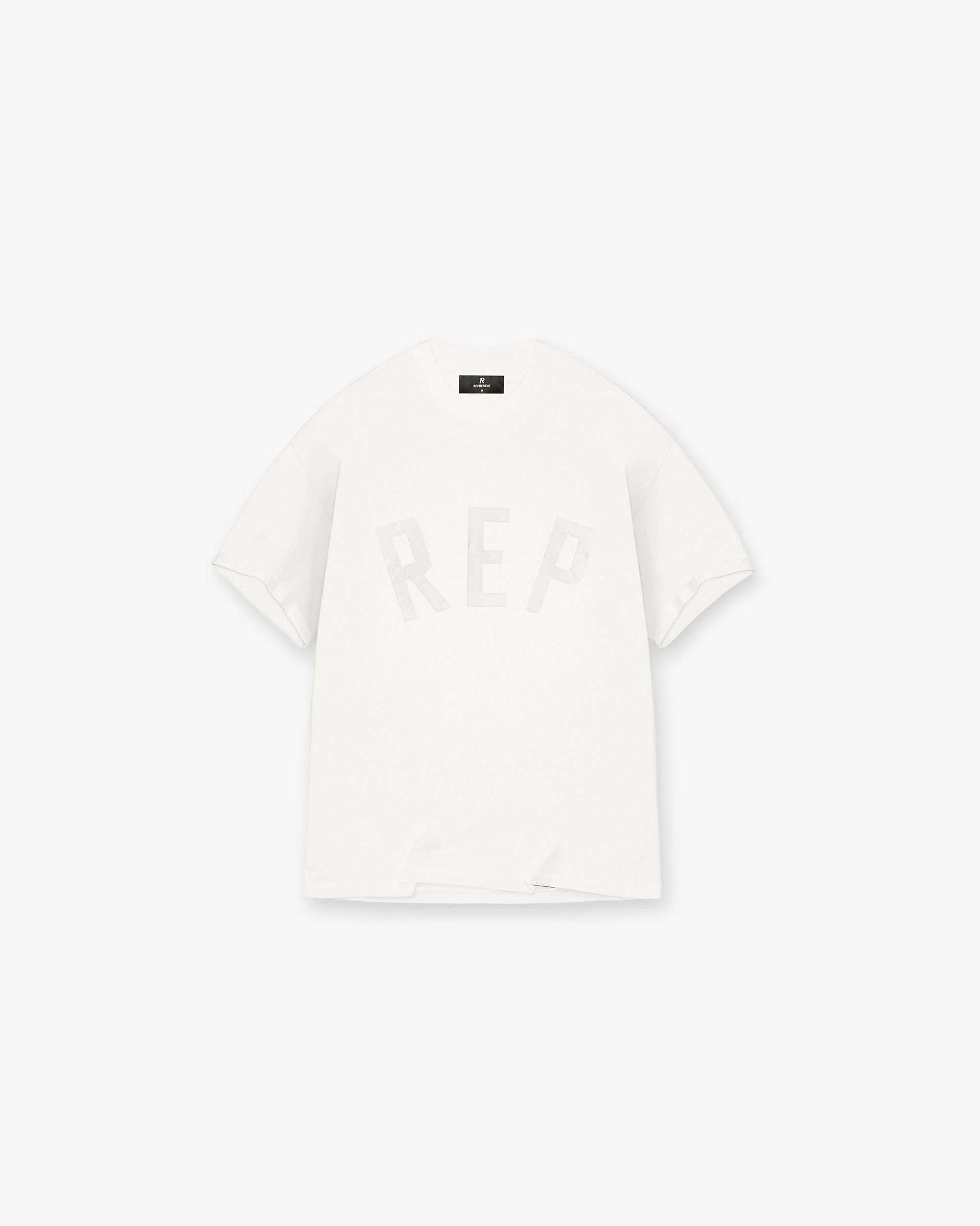 Front product image of a mens white t-shirt on a plain white background | Rep Applique T-Shirt in Flat White | T-shirt with distressed applique branding | FW24 T-Shirts | Represent Clo