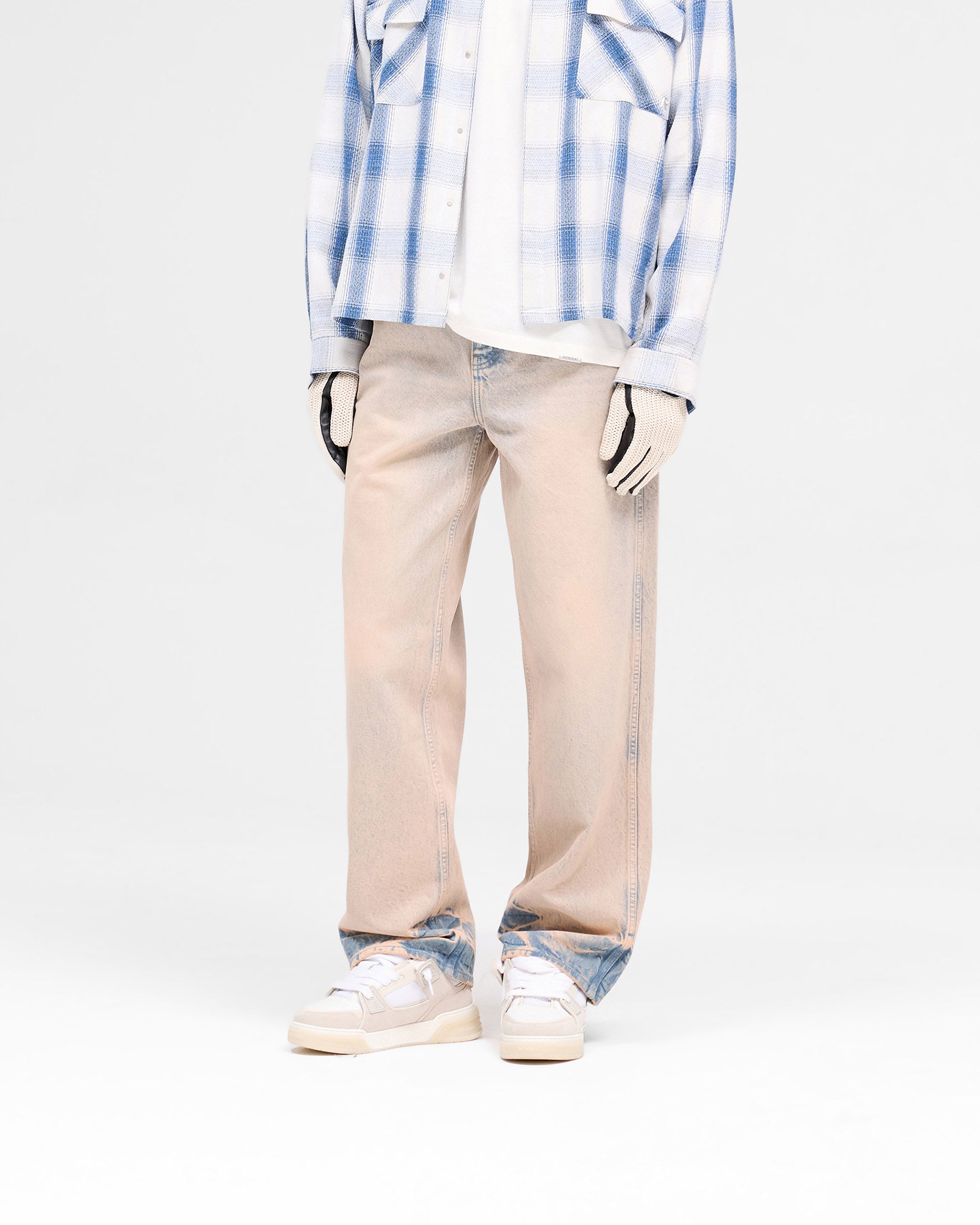Back product image of mens blue denim jeans on a plain white background | R3 Baggy Denim in Dusk | Baggy fit jeans with initial embroidery and blush overdye | SS25 Denim | Represent Clo