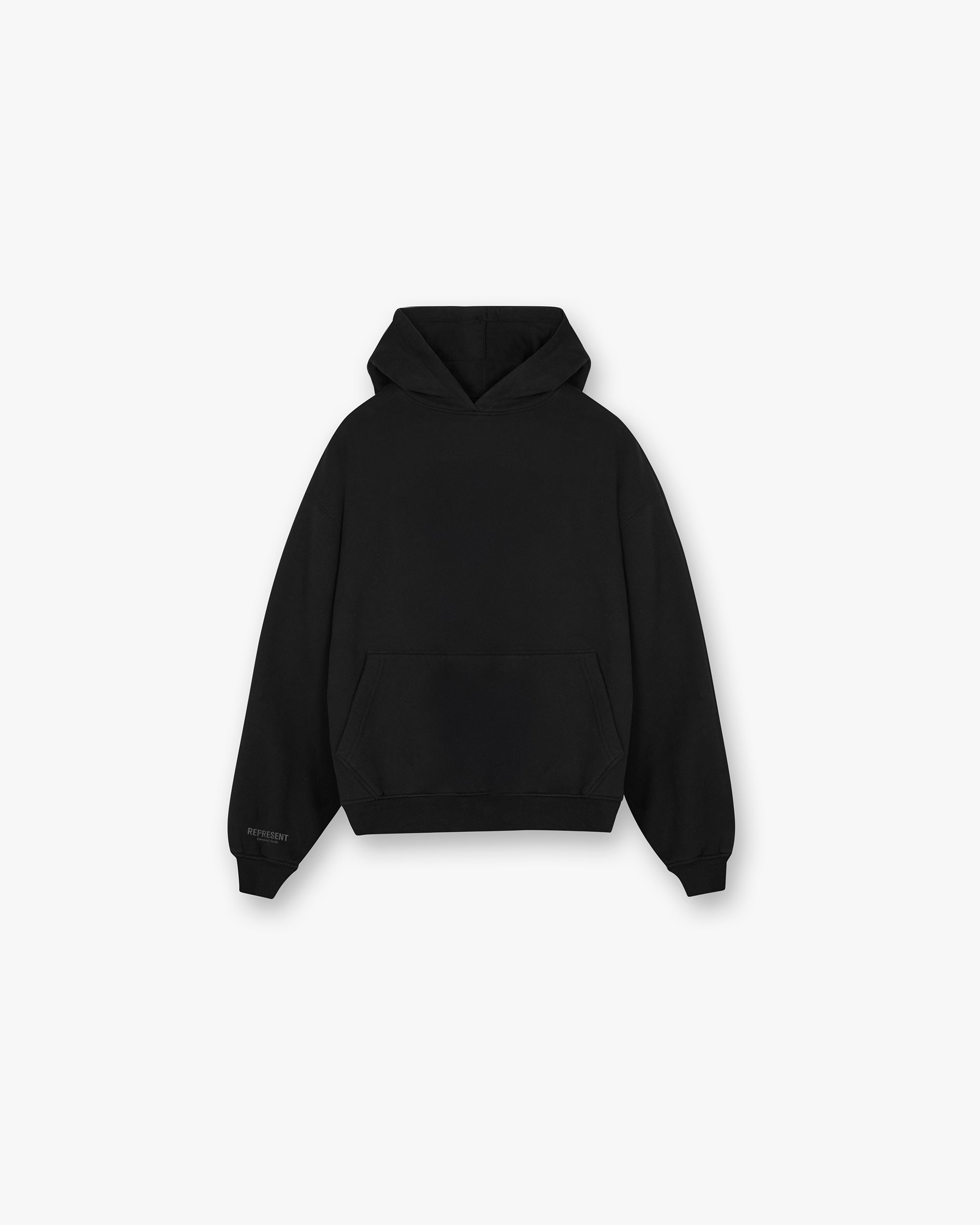 Front product image of a womens black hoodie on a plain white background | Owners Club Boyfriend Hoodie in Jet Black | Hoodie in jersey fabric | Womens Owners Club Hoodies | Represent Clo