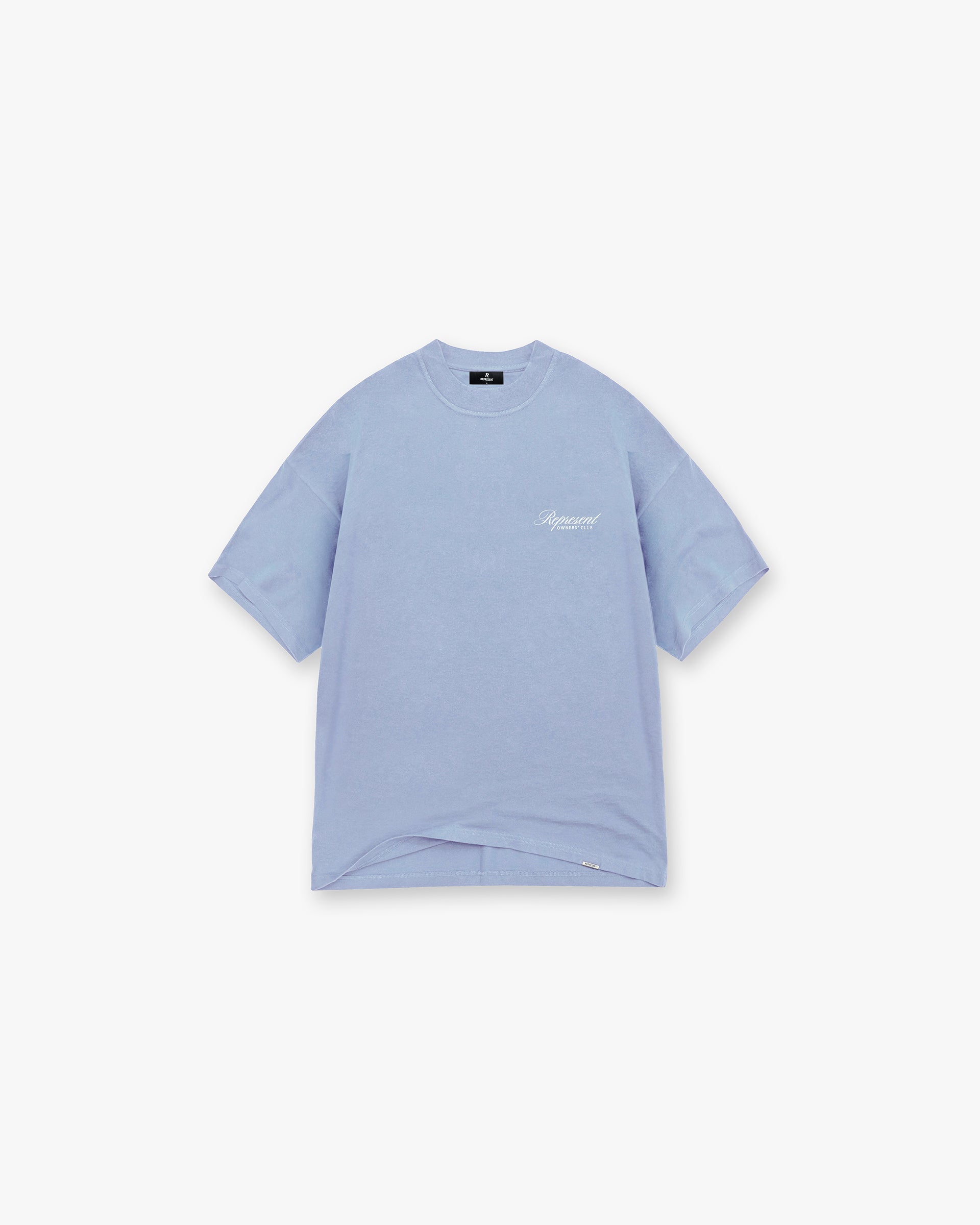 Front product image of a mens blue t-shirt on a plain white background | Represent Owners Club Script T-Shirt in Dusty Blue | Oversized t-shirt with chest script embroidery | Owners Club T-Shirts | Represent Clo