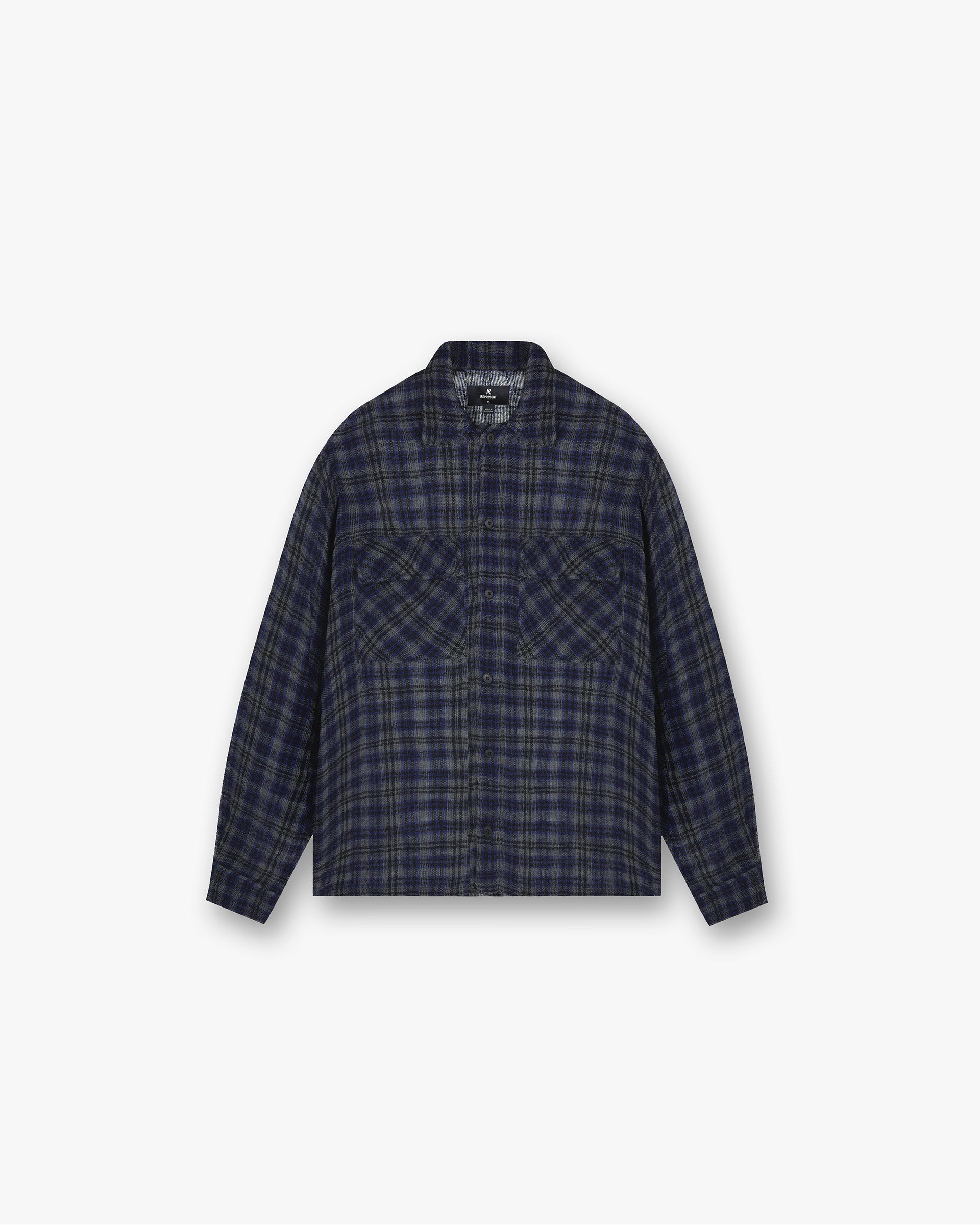 Front product image of a mens blue check flannel shirt on a plain white background | Check Flannel Shirt in Blue Check | Oversized lightweight and breathable flannel shirt | FW24 Shirts | Represent Clo