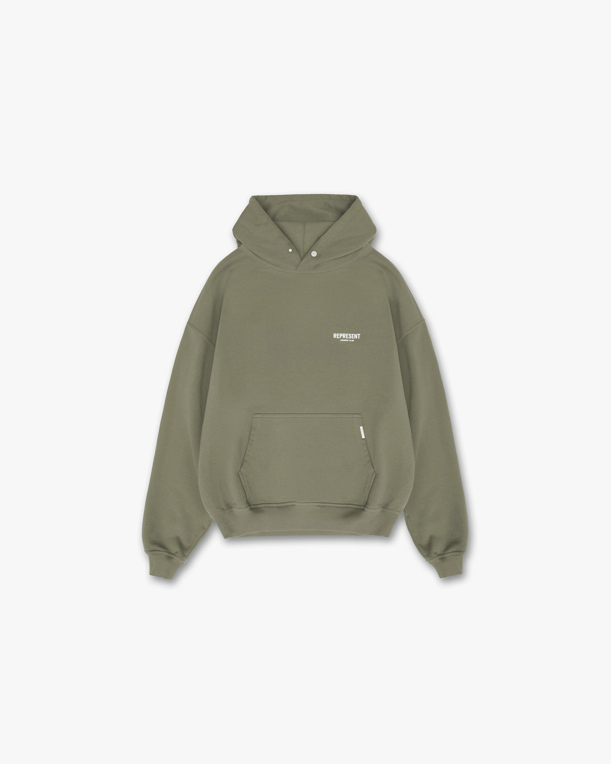 Back product image of a mens olive hoodie on a plain white background | Represent Owners Club Hoodie in Olive | Oversized hoodie with ribbed trims and Cobrax popper | Owners Club Hoodies | Represent Clo