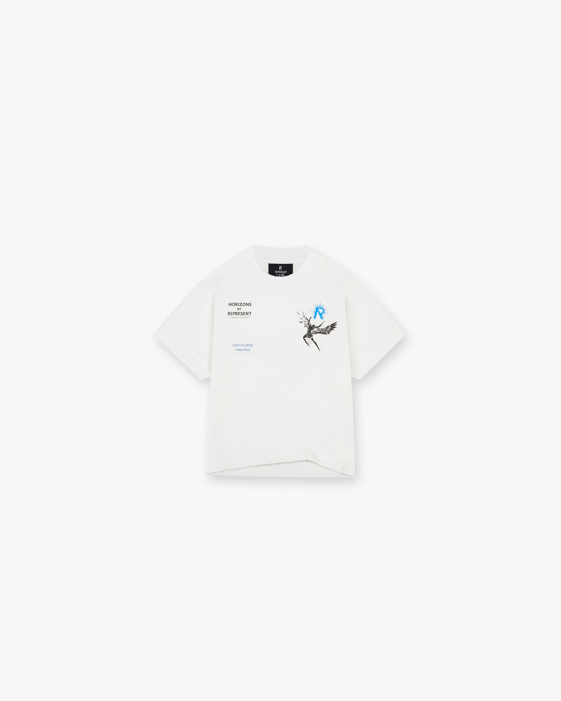 Front product image of a childs white t-shirt on a plain white background | Mini Icarus T-Shirt in Flat White | Oversized graphic t-shirt | Mini T-Shirts | Represent Clo