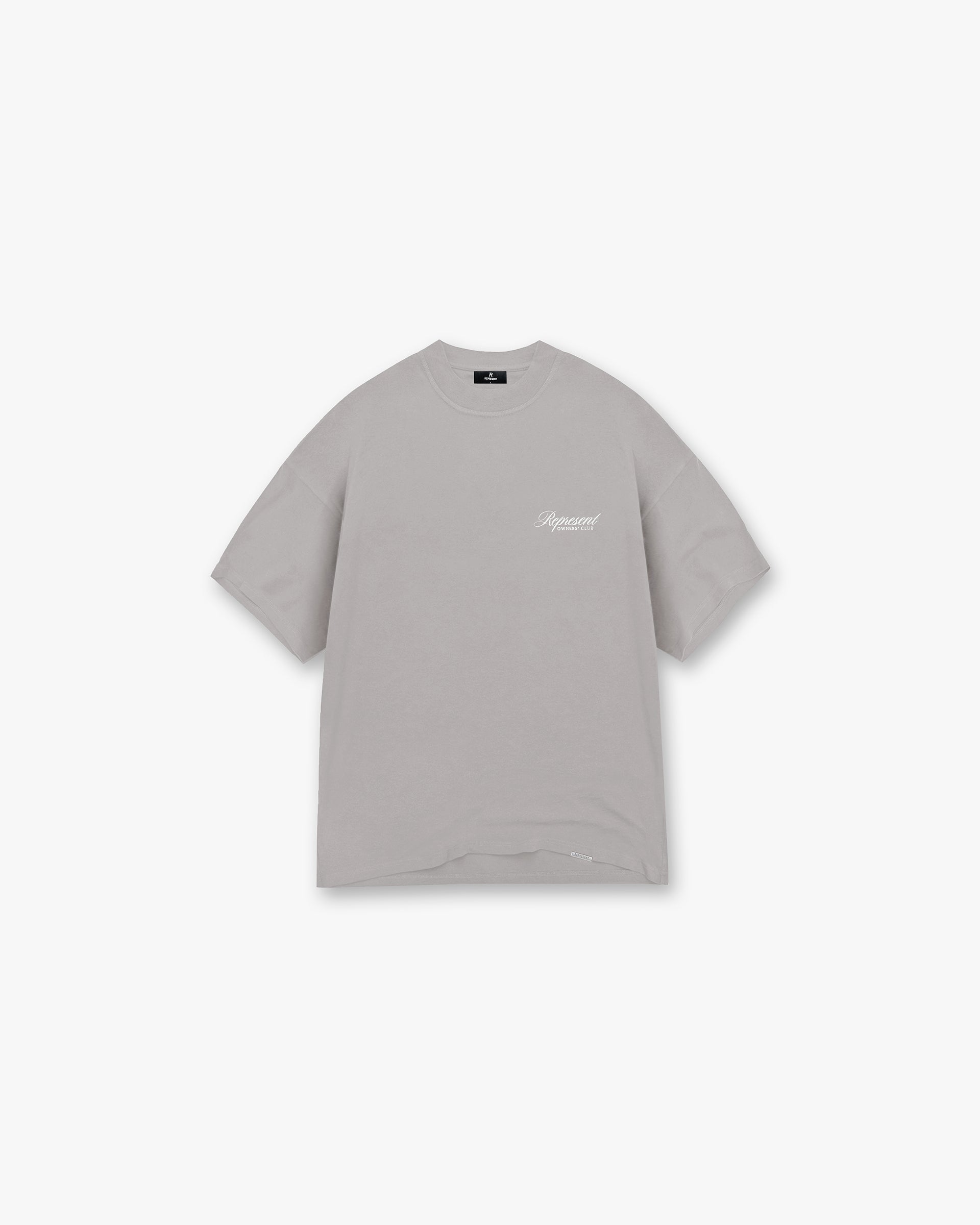 Front product image of a mens grey t-shirt on a plain white background | Represent Owners Club Script T-Shirt in Slate | T-shirt with script logo detailing | Owners Club T-Shirts | Represent Clo