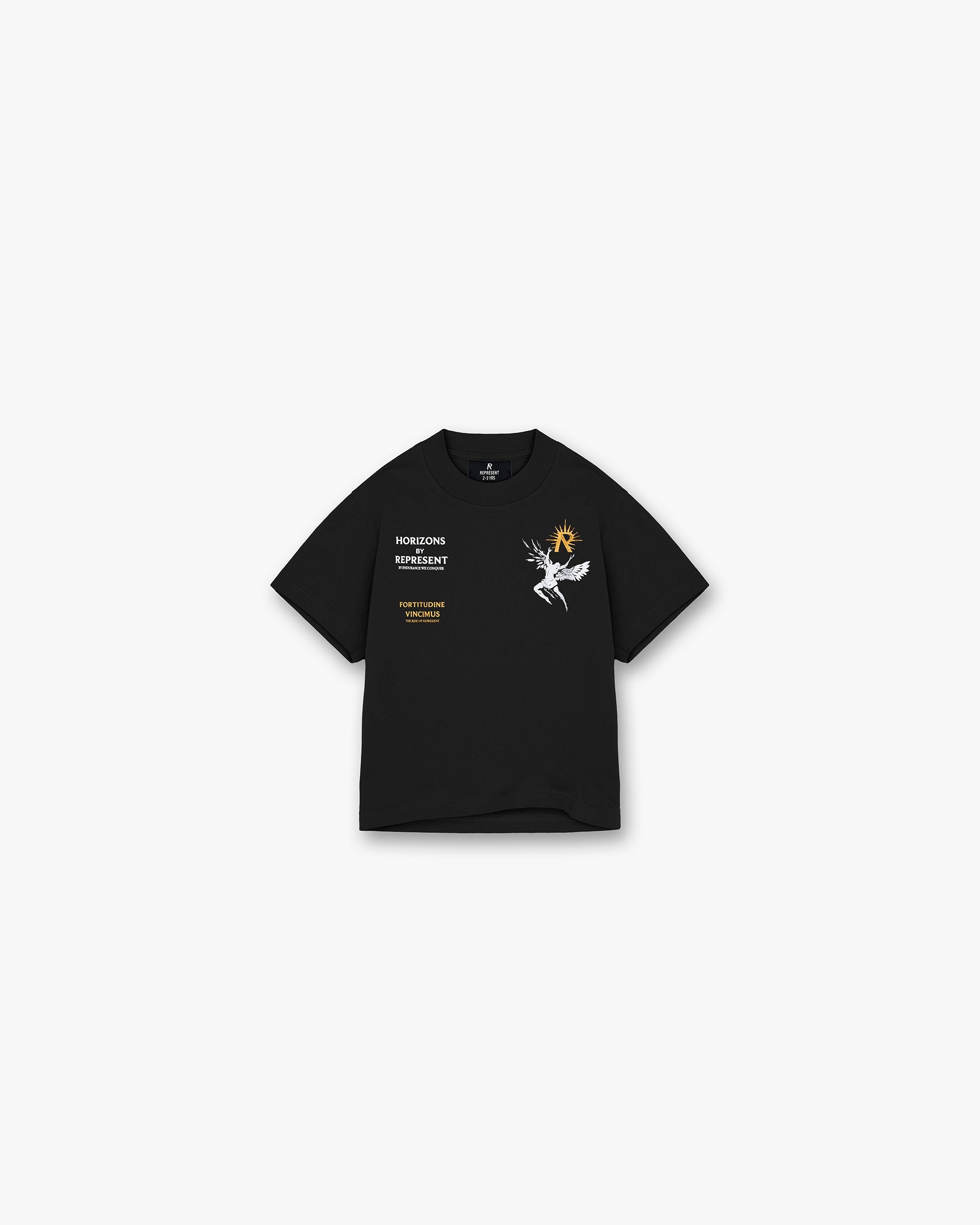 Front product image of a childs black t-shirt on a plain white background | Mini Icarus T-Shirt in Black | Oversized childrens t-shirt with raw hem and distressed details | Mini T-Shirts | Represent Clo
