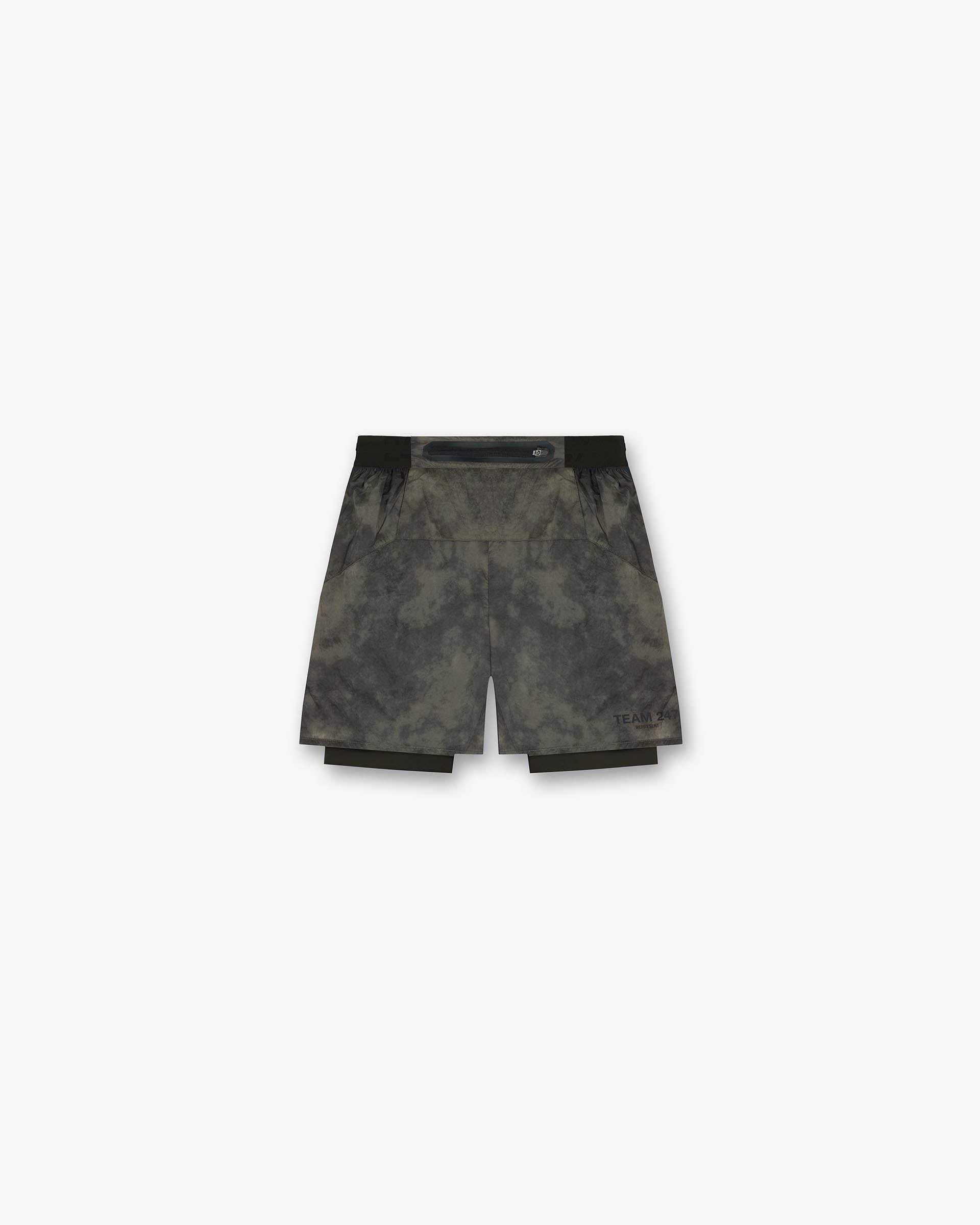 Back product image of mens green shorts on a plain white background | 247 Trail Short in Terrain | Nylon 2-in-1 shorts with 4-way stretch | 247 Shorts | Represent Clo